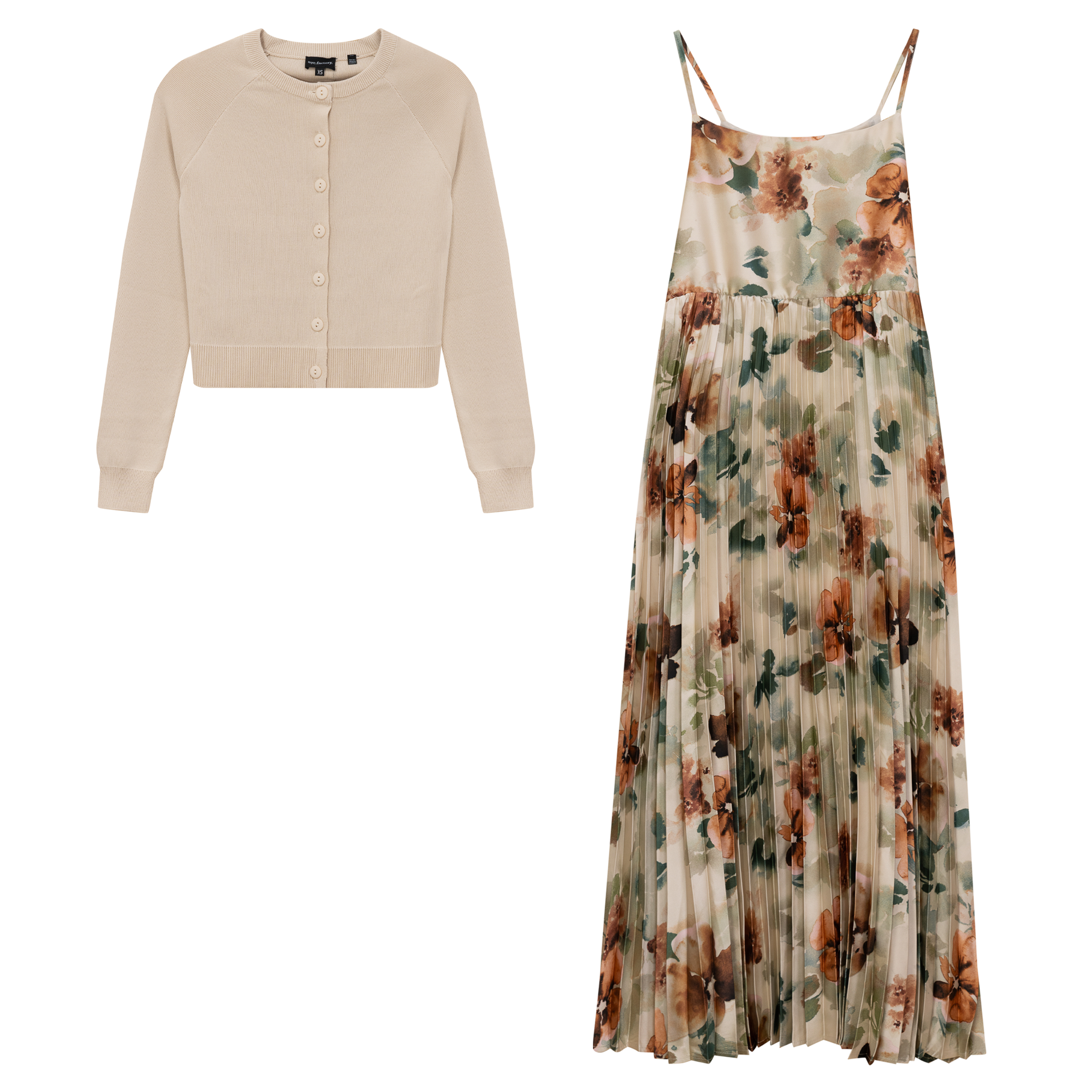 Midi Pleated Jumper Cardigan Set in Light Oatmeal by NYC Factory