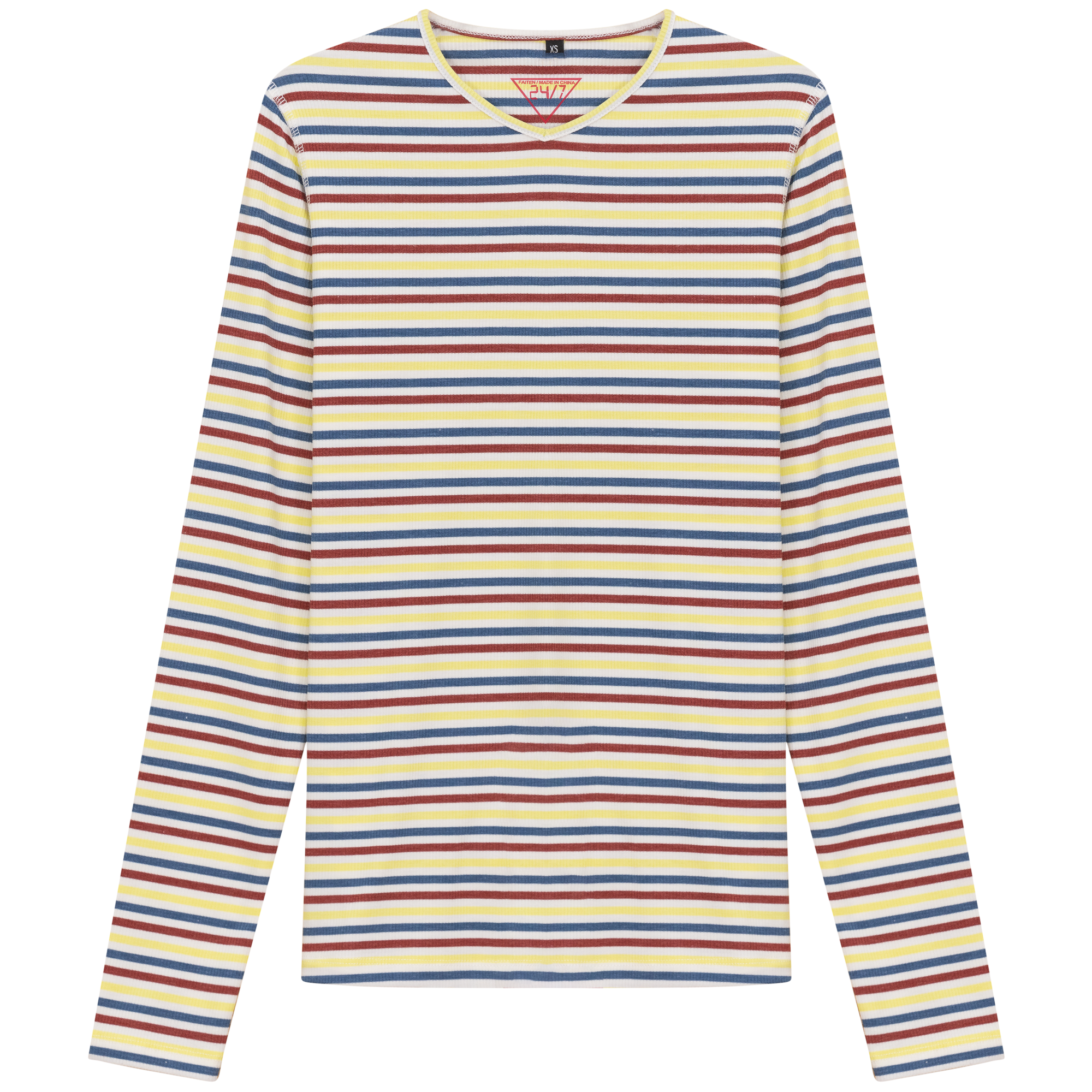 Striped V Neck Tee in Chambray Wine by 24/7