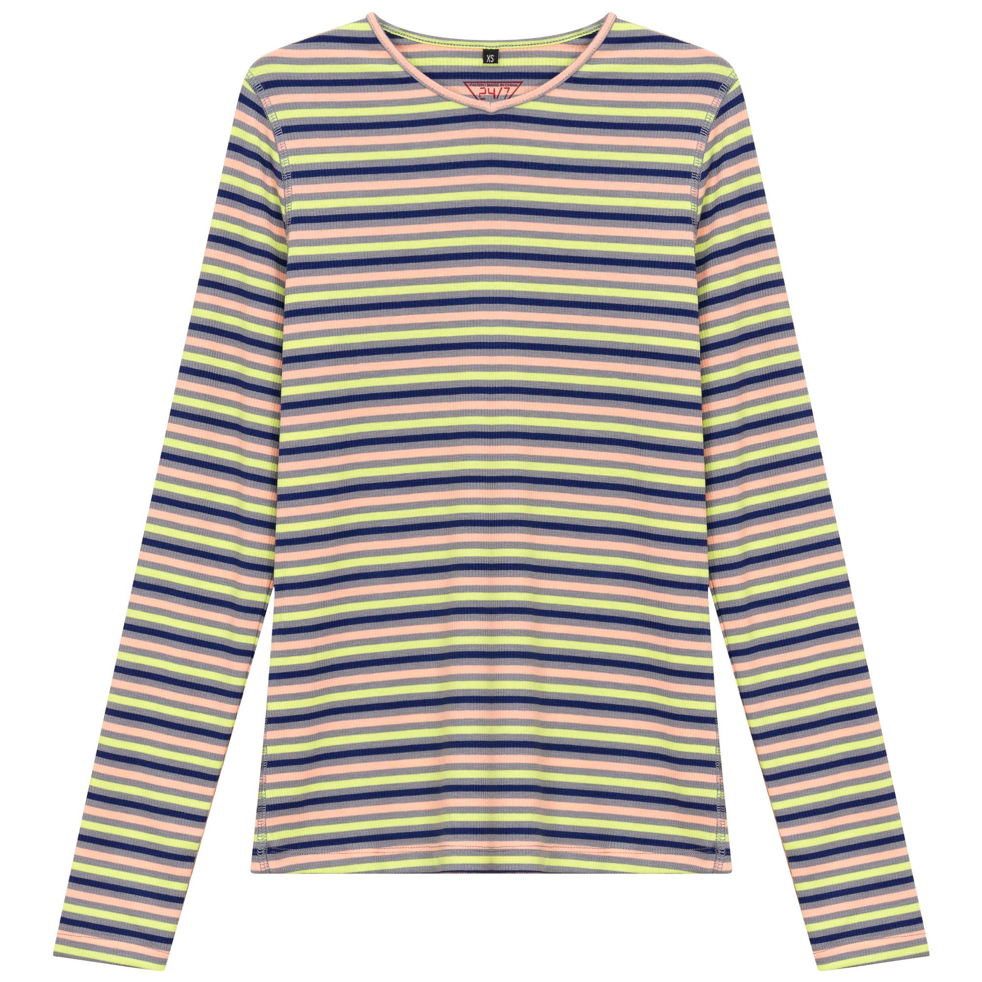 Striped V Neck Tee in Neon Dark Denim by 24/7