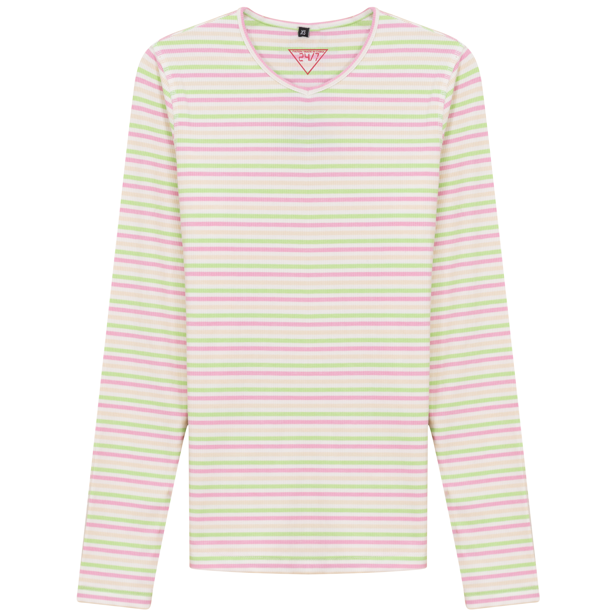 Striped V Neck Tee in Neon Pink by 24/7