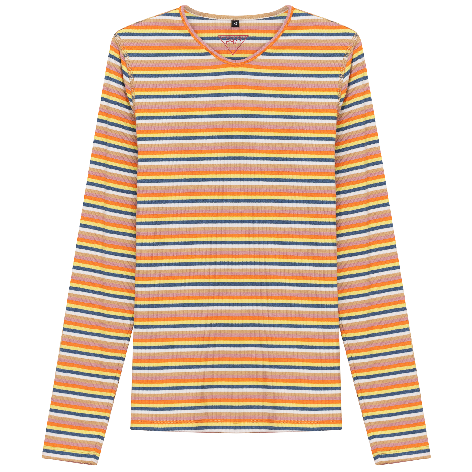 Striped V Neck Tee in Orange Chambray by 24/7