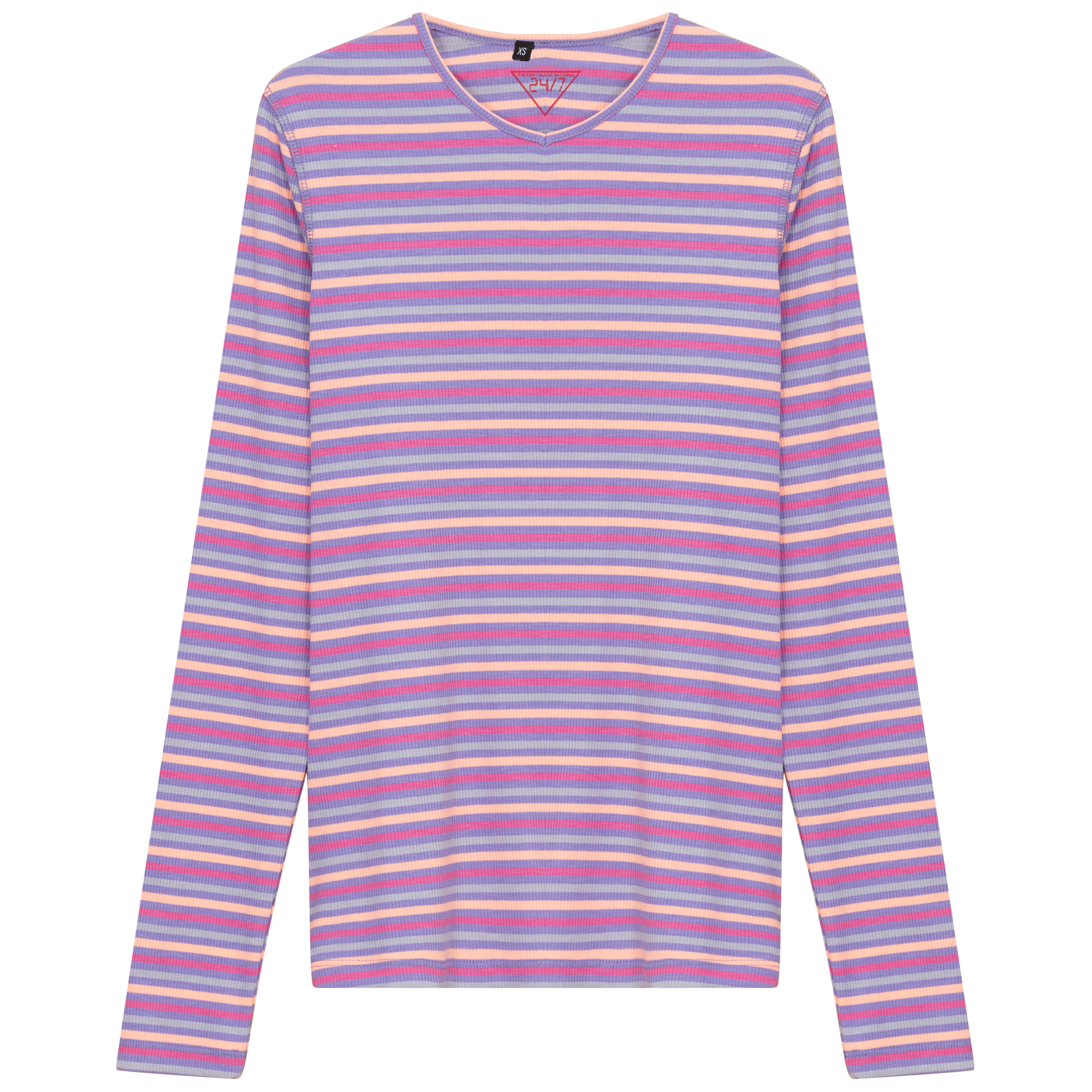 Striped V Neck Tee in Plum Pink by 24/7