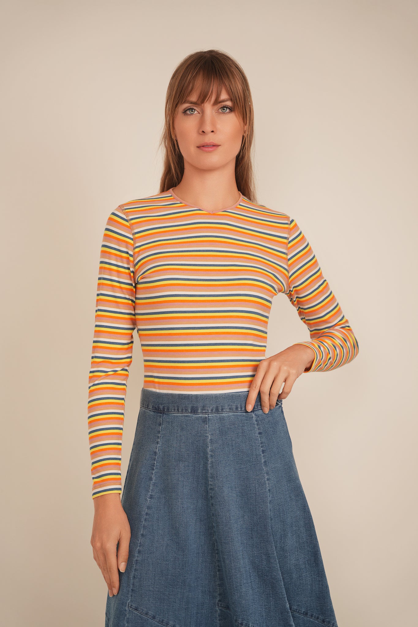Striped V Neck Tee in by 24/7
