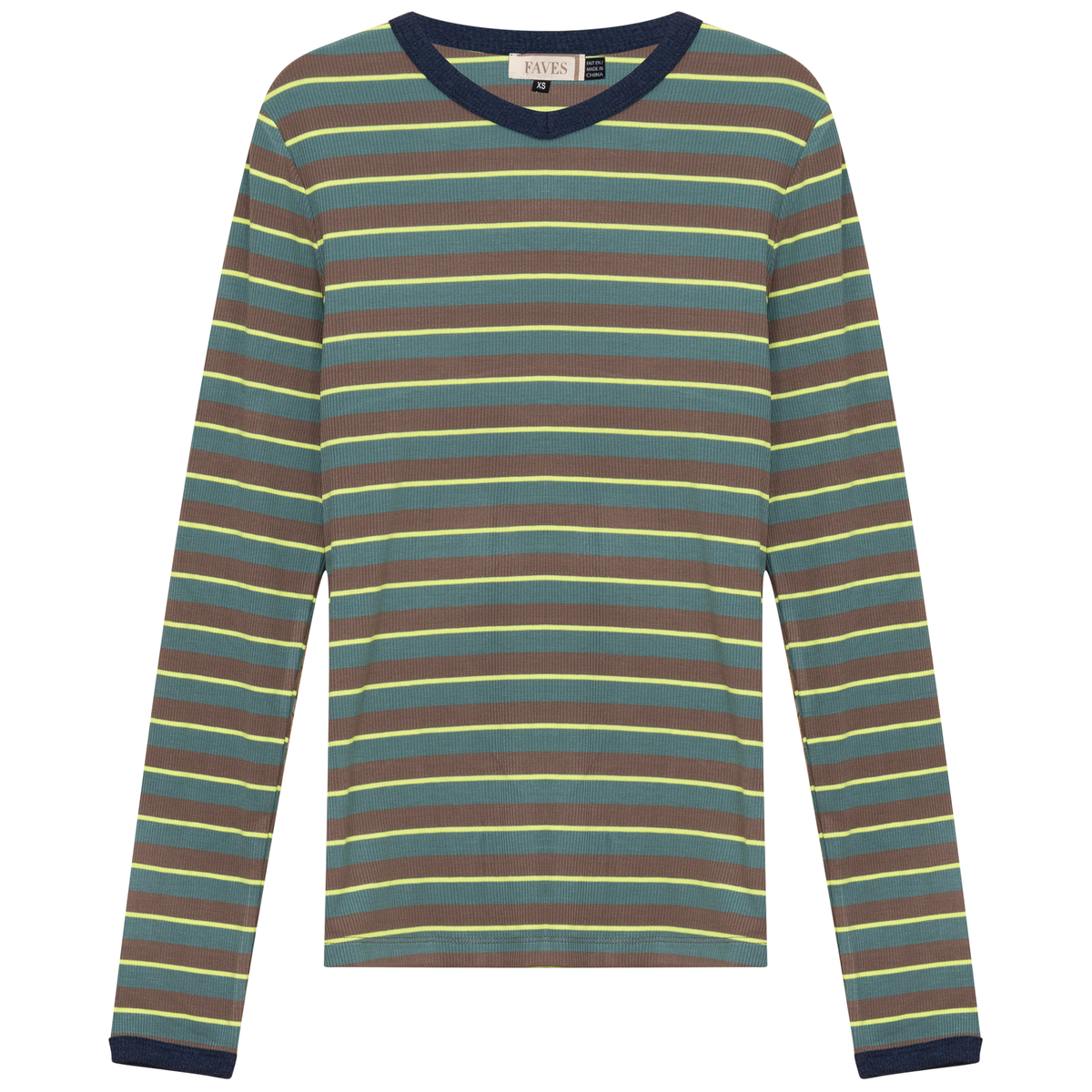 Ribbed Stripped V Neck Tee in Basil Stripe by Faves