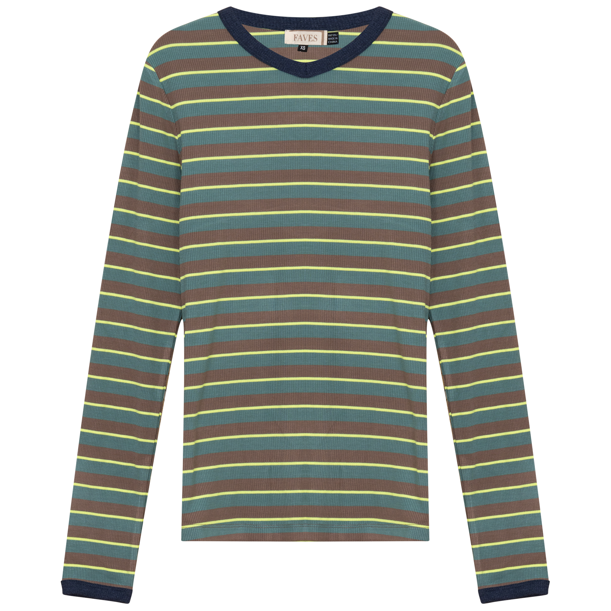 Ribbed Stripped V Neck Tee in Basil Stripe by Faves