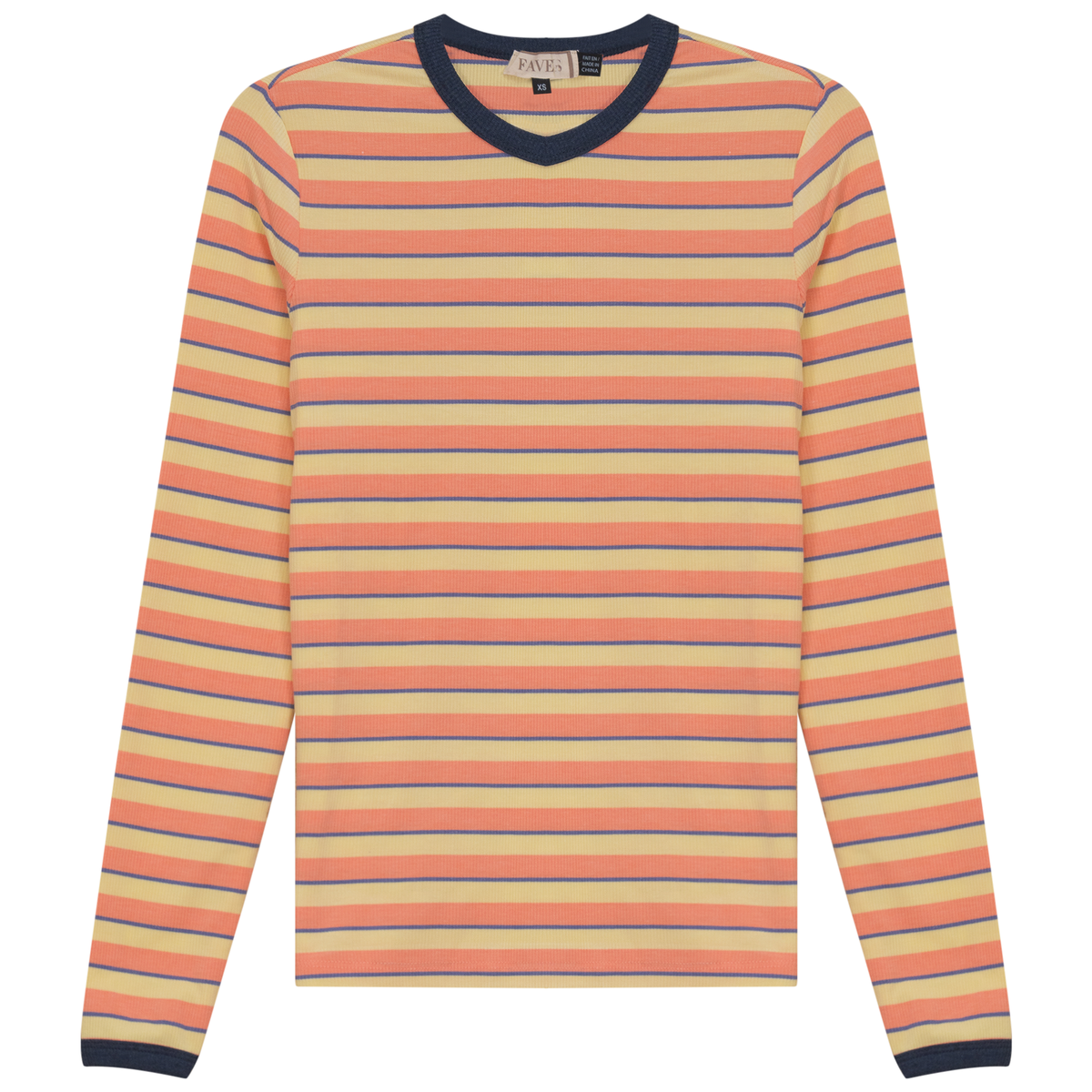 Ribbed Stripped V Neck Tee in Salmon Stripe by Faves