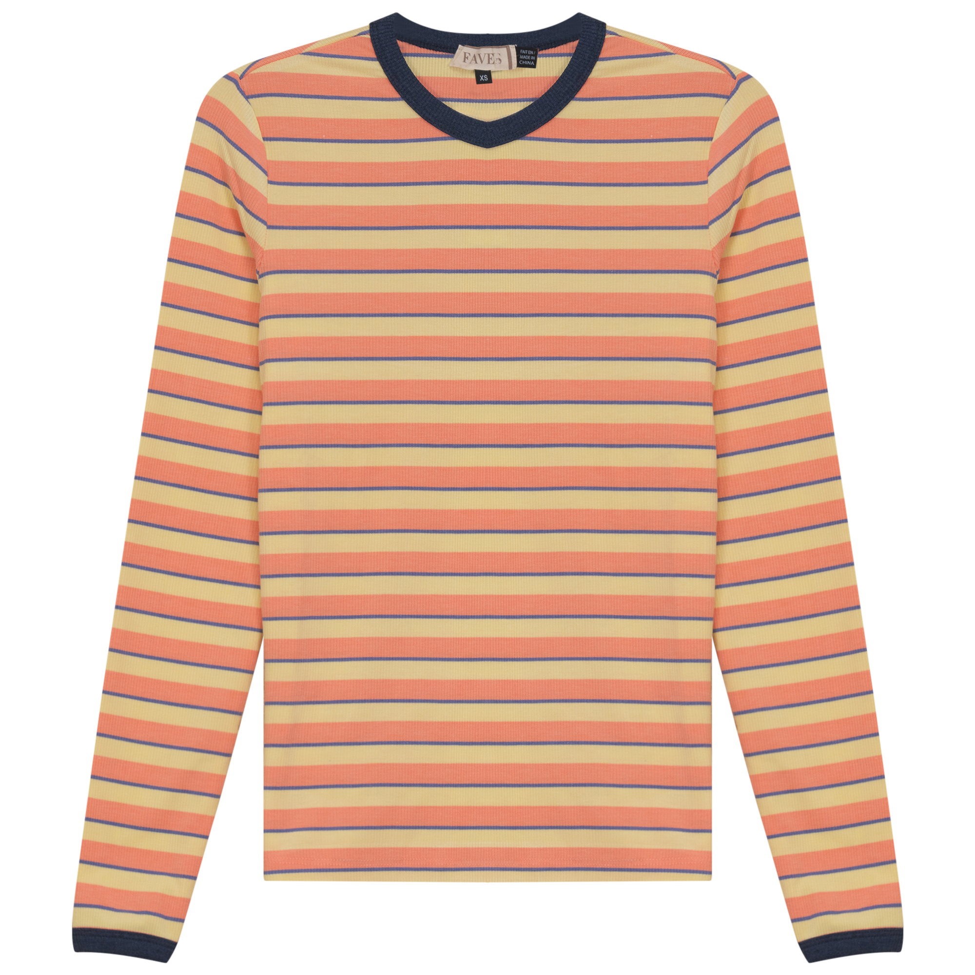 Ribbed Stripped V Neck Tee in Salmon Stripe by Faves