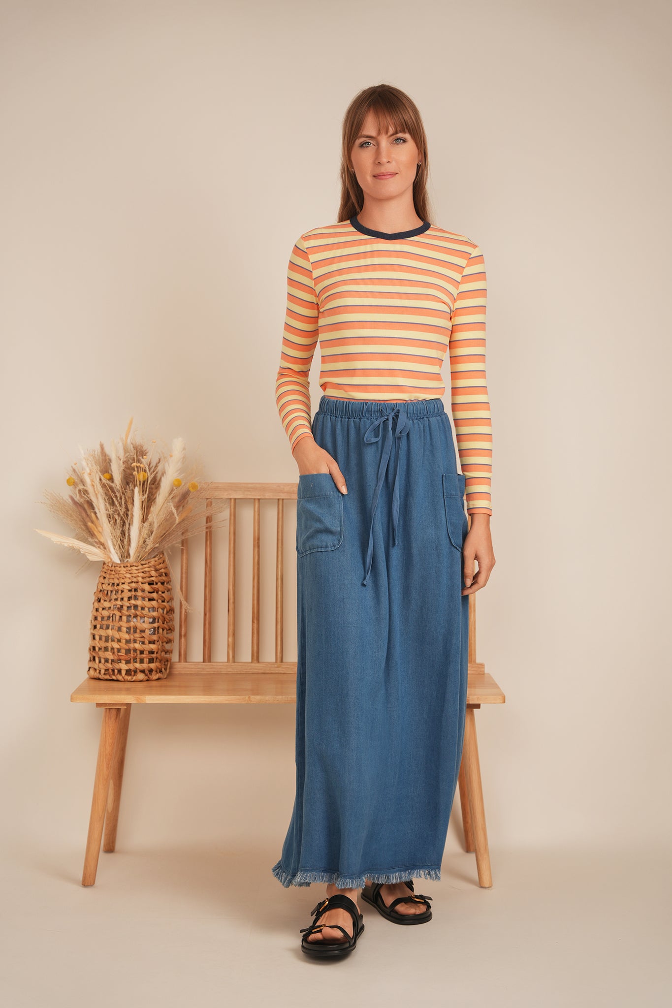 Ribbed Stripped V Neck Tee in by Faves