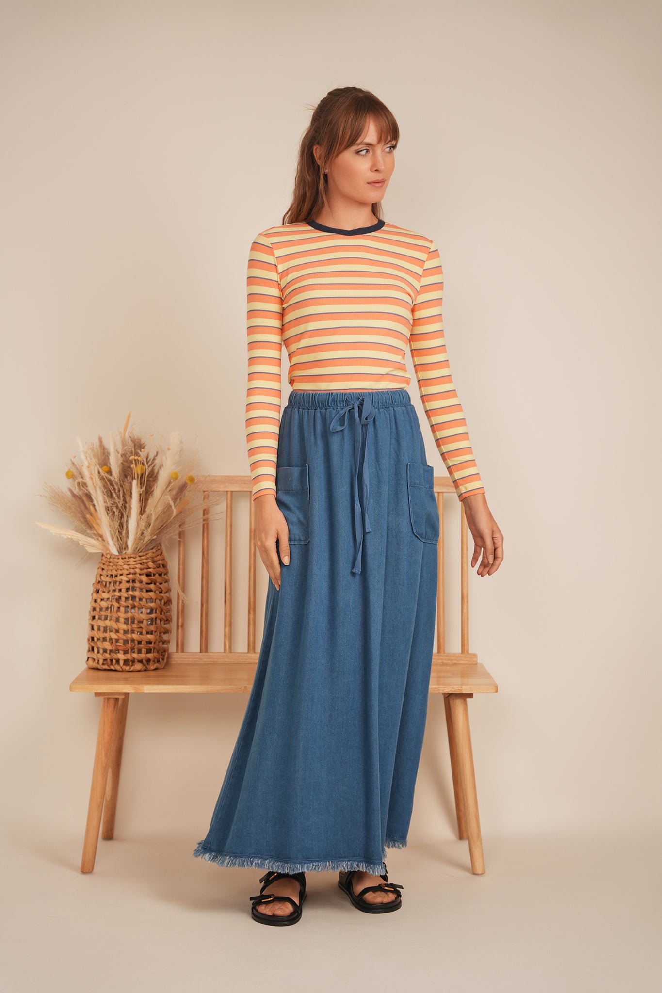 Ribbed Stripped V Neck Tee in by Faves