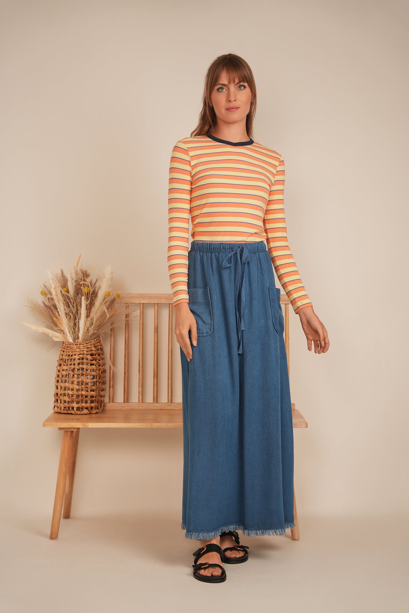 Ribbed Stripped V Neck Tee in by Faves