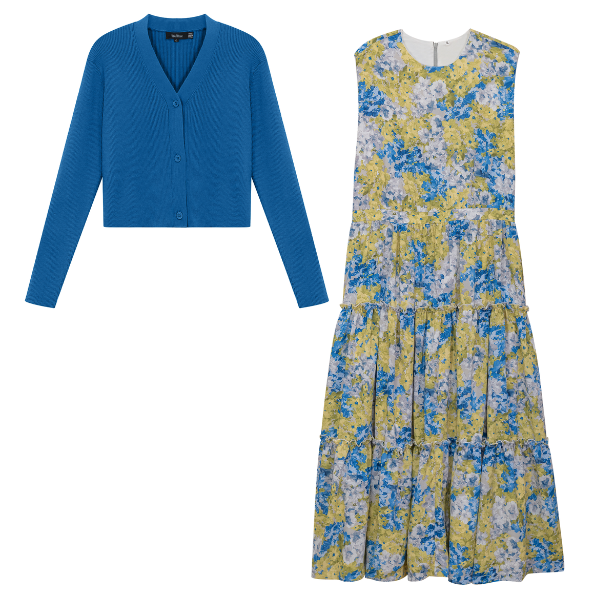 Printed Satin Jumper Cardigan Set in Denim by MiuMax