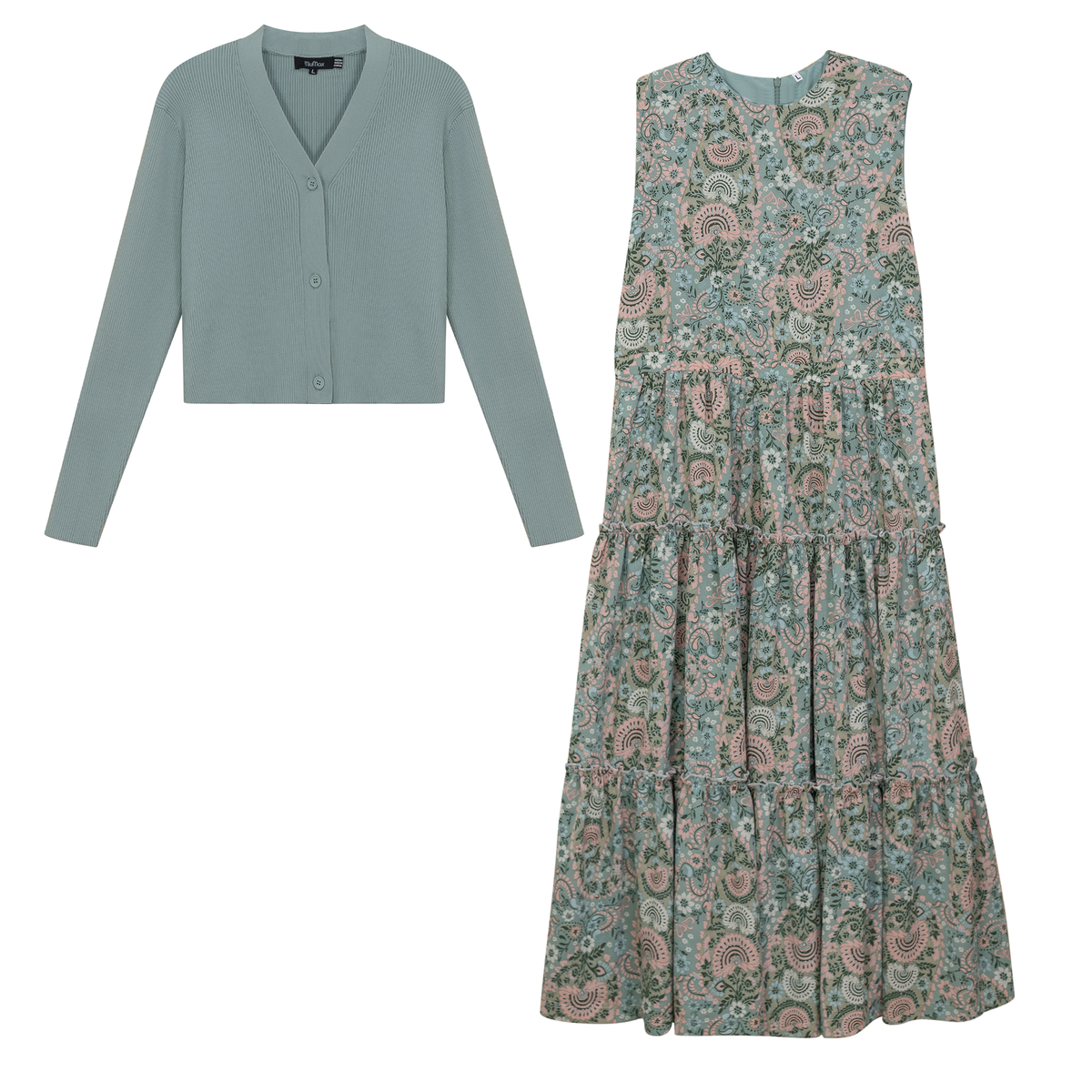 Printed Satin Jumper Cardigan Set in Light Dusty Mint by MiuMax