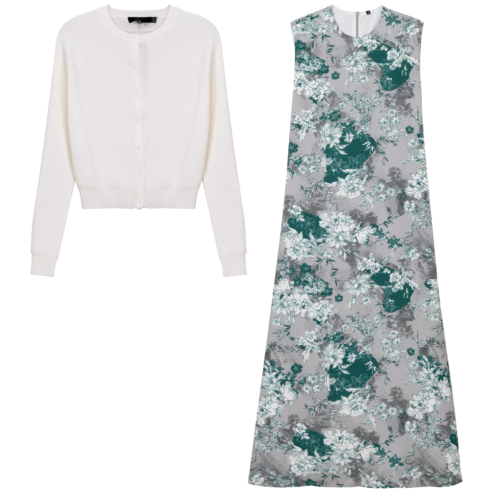 Midi Printed Chiffon Jumper Cardigan Set in Cream by MiuMax