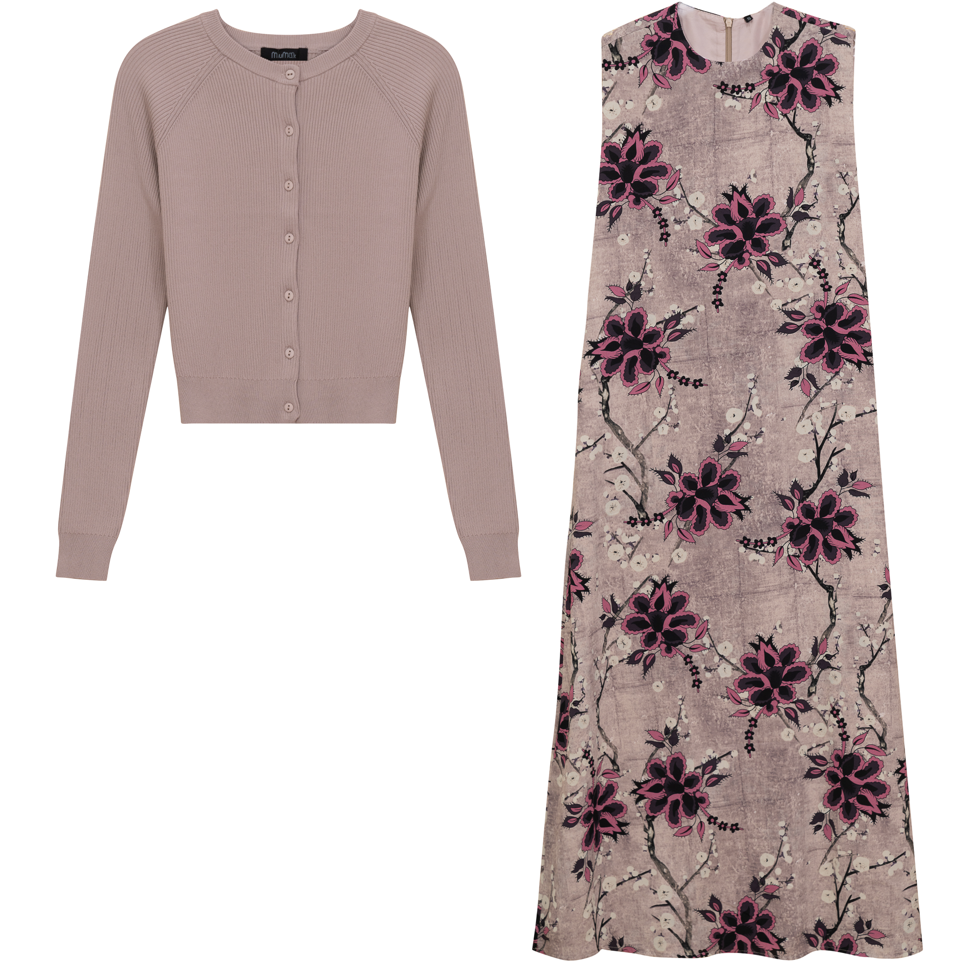 Midi Printed Chiffon Jumper Cardigan Set in Light Oatmeal by MiuMax