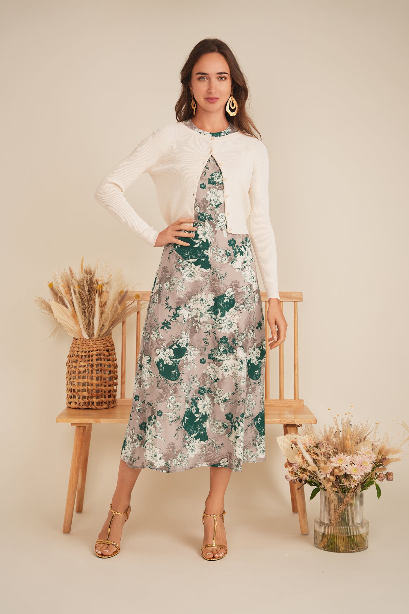 Midi Printed Chiffon Jumper Cardigan Set in by MiuMax