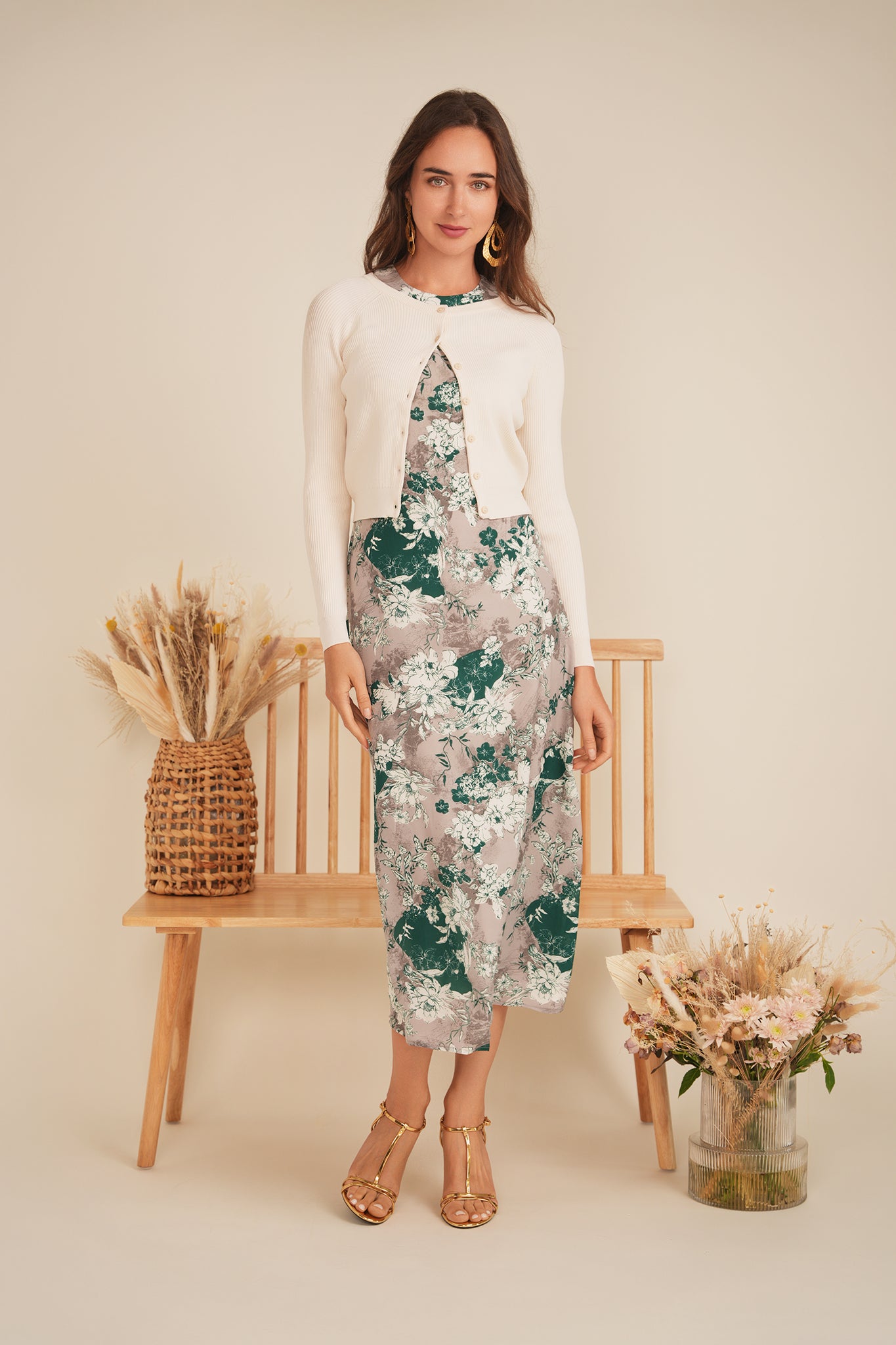 Midi Printed Chiffon Jumper Cardigan Set in by MiuMax