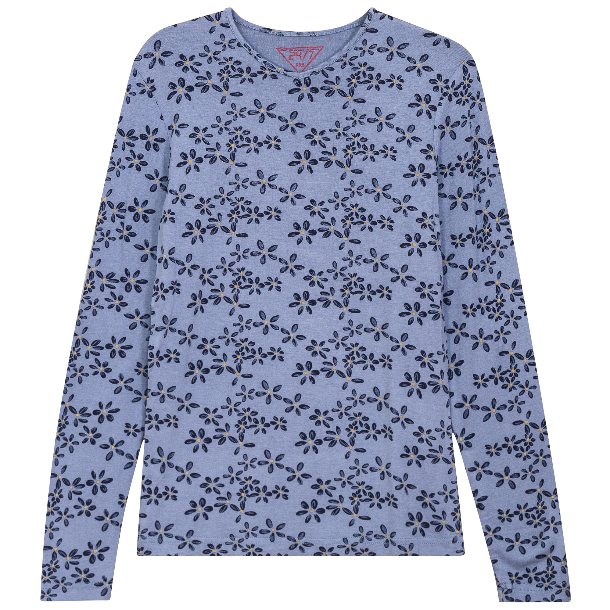 V Neck Printed Tee in Denim by 24/7