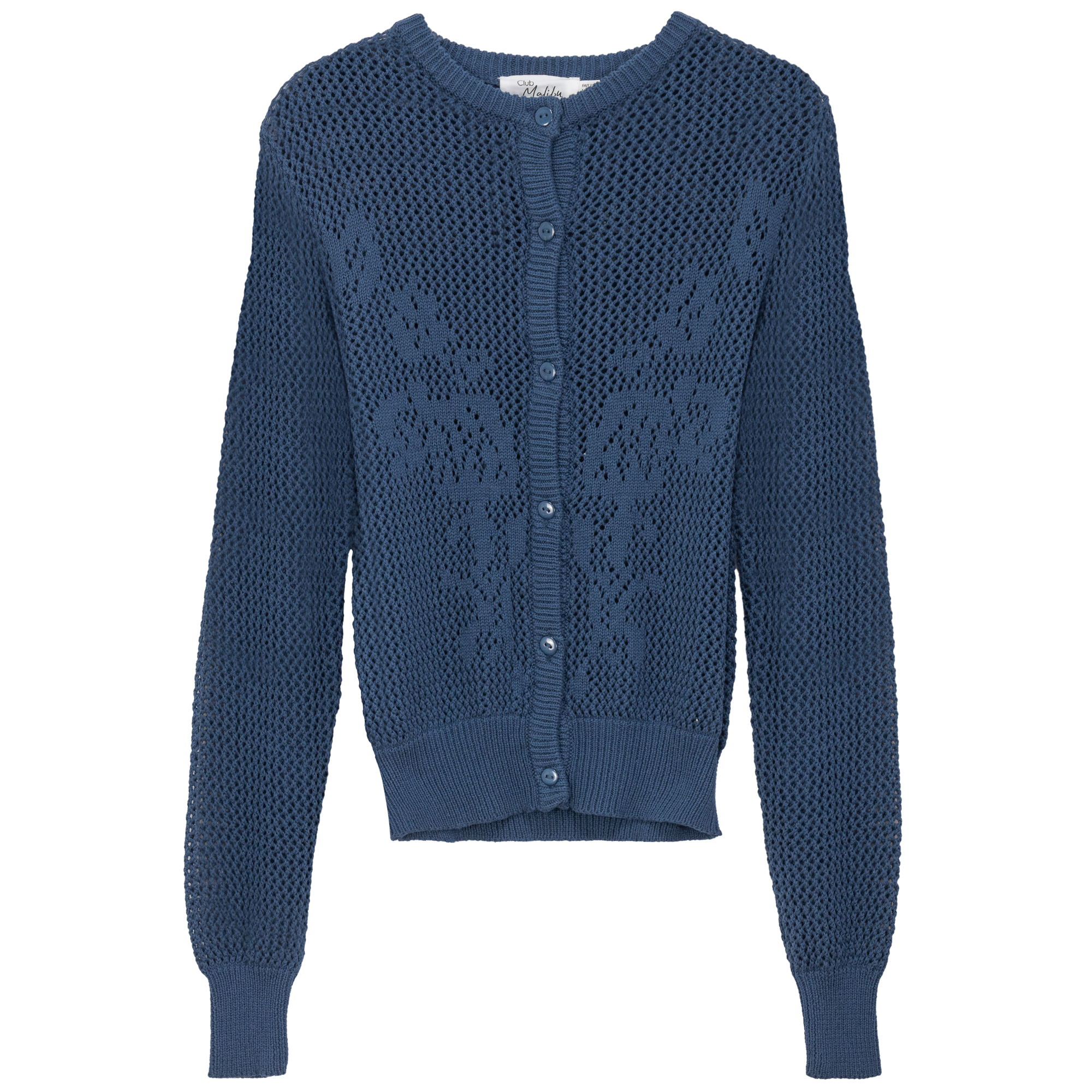 Crochet Cropped Cardigan in Dark Denim by Club Malibu