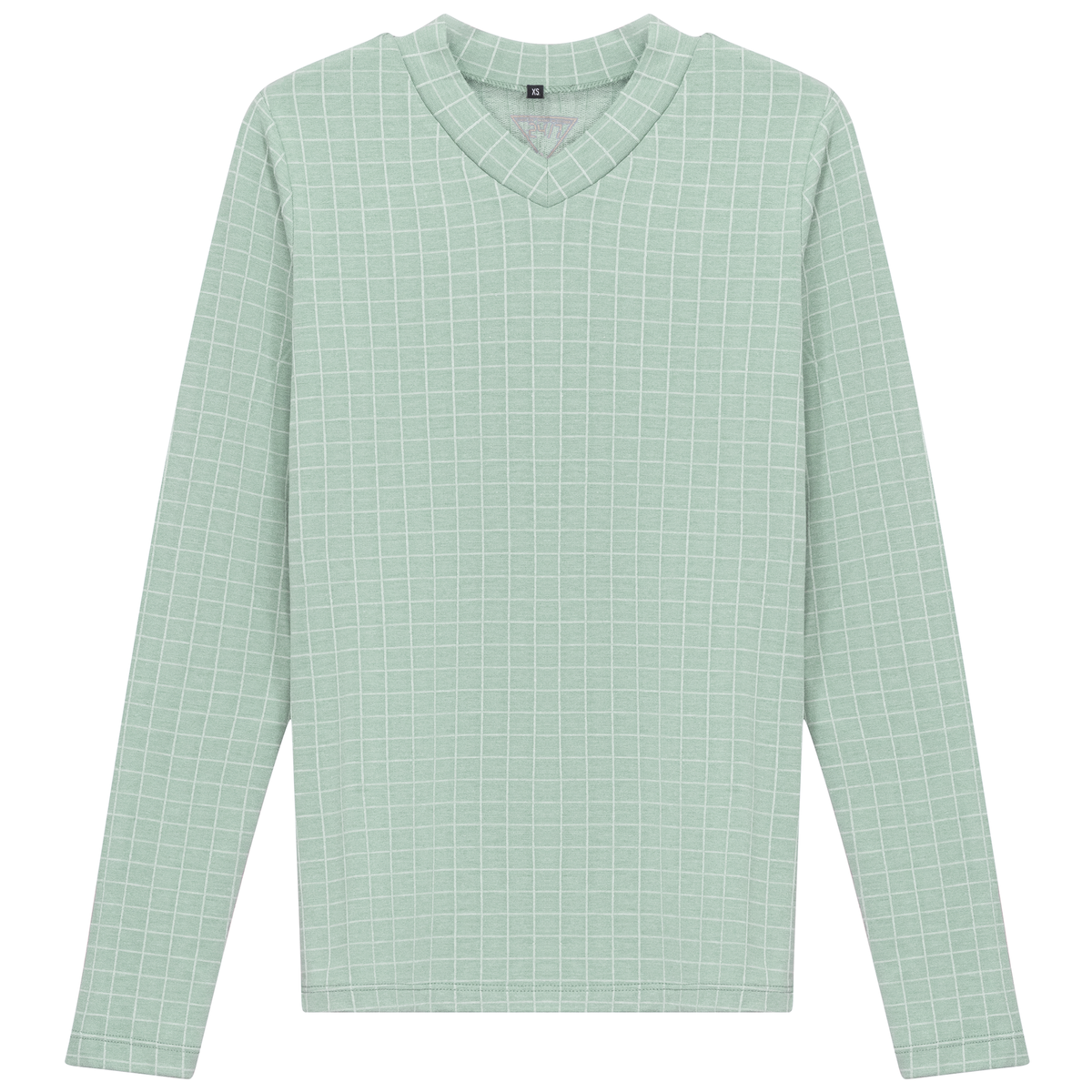 Checkered V Neck Cotton Tee in Basil by 24-Jul