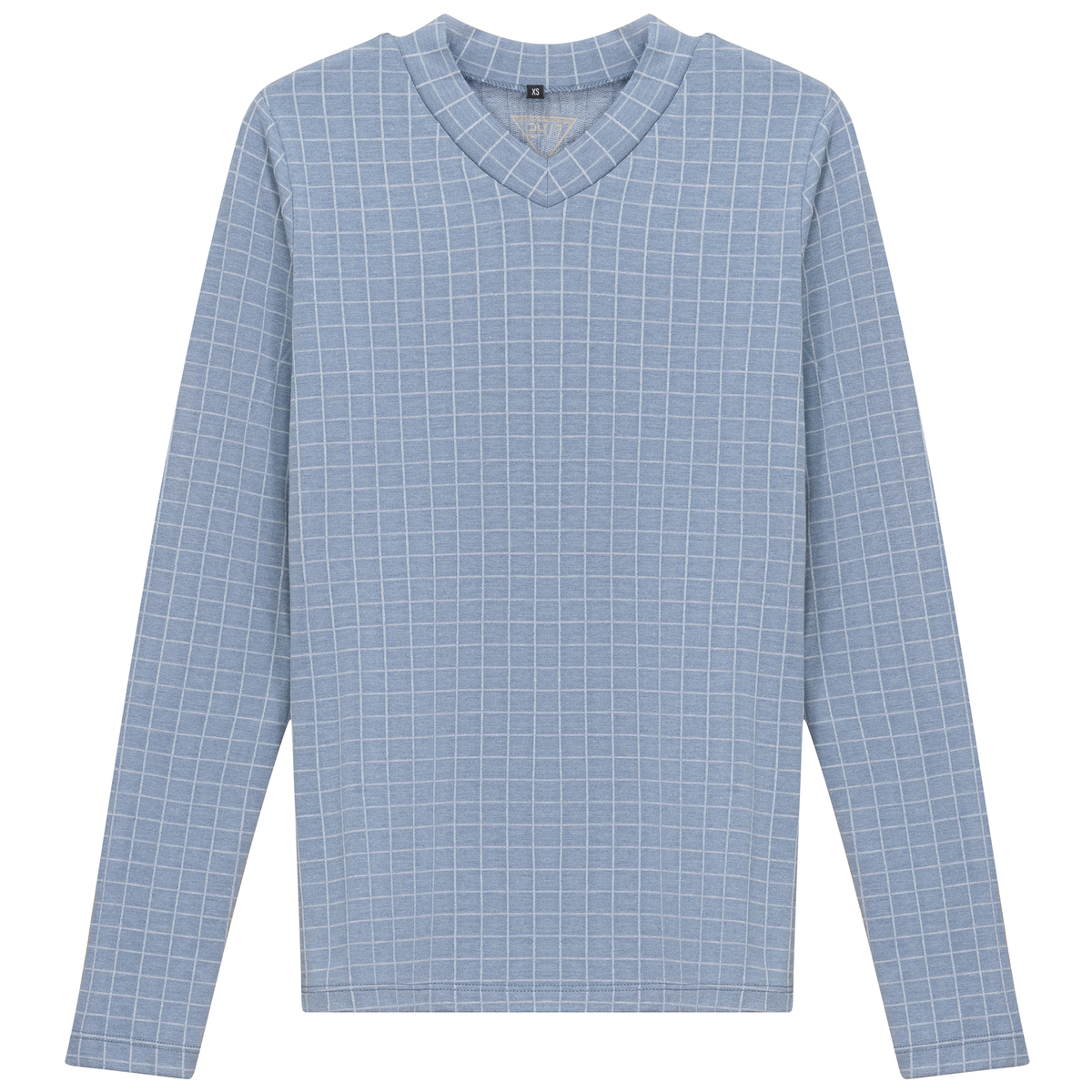 Checkered V Neck Cotton Tee in Denim by 24-Jul