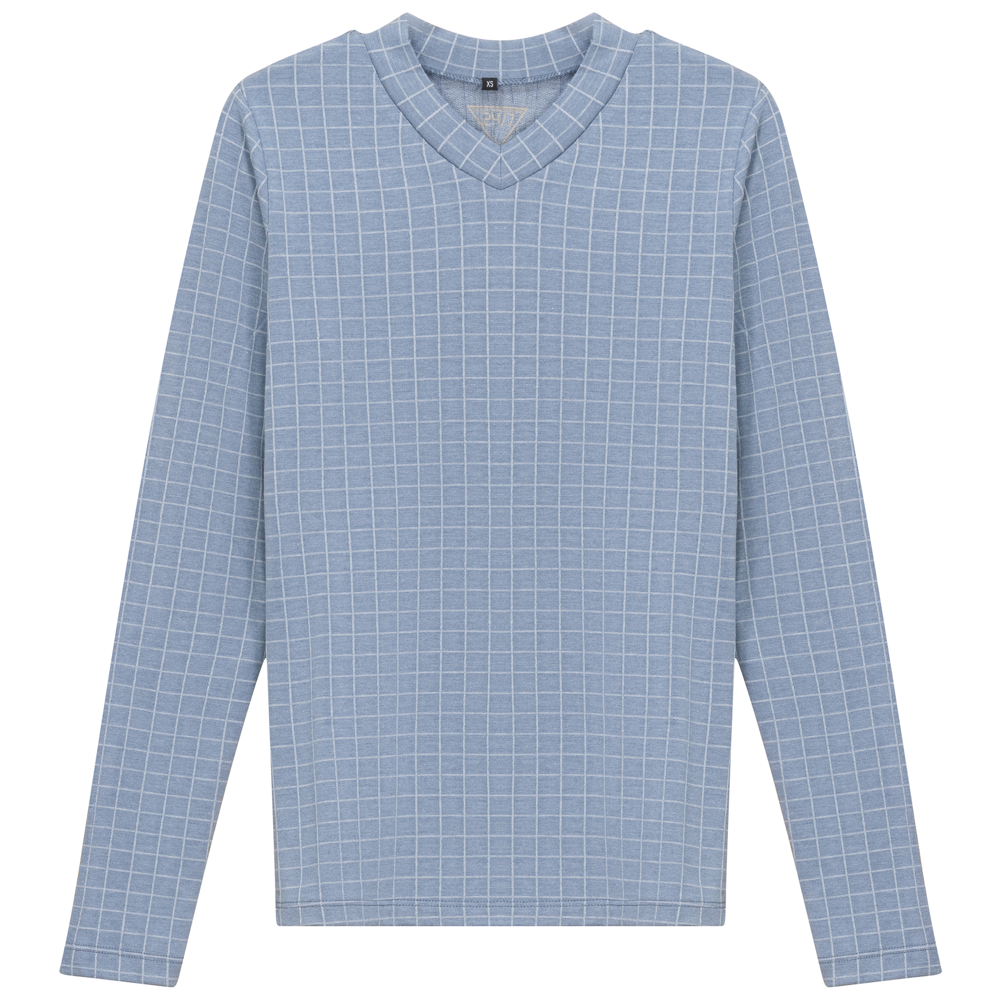 Checkered V Neck Cotton Tee in Denim by 24/7
