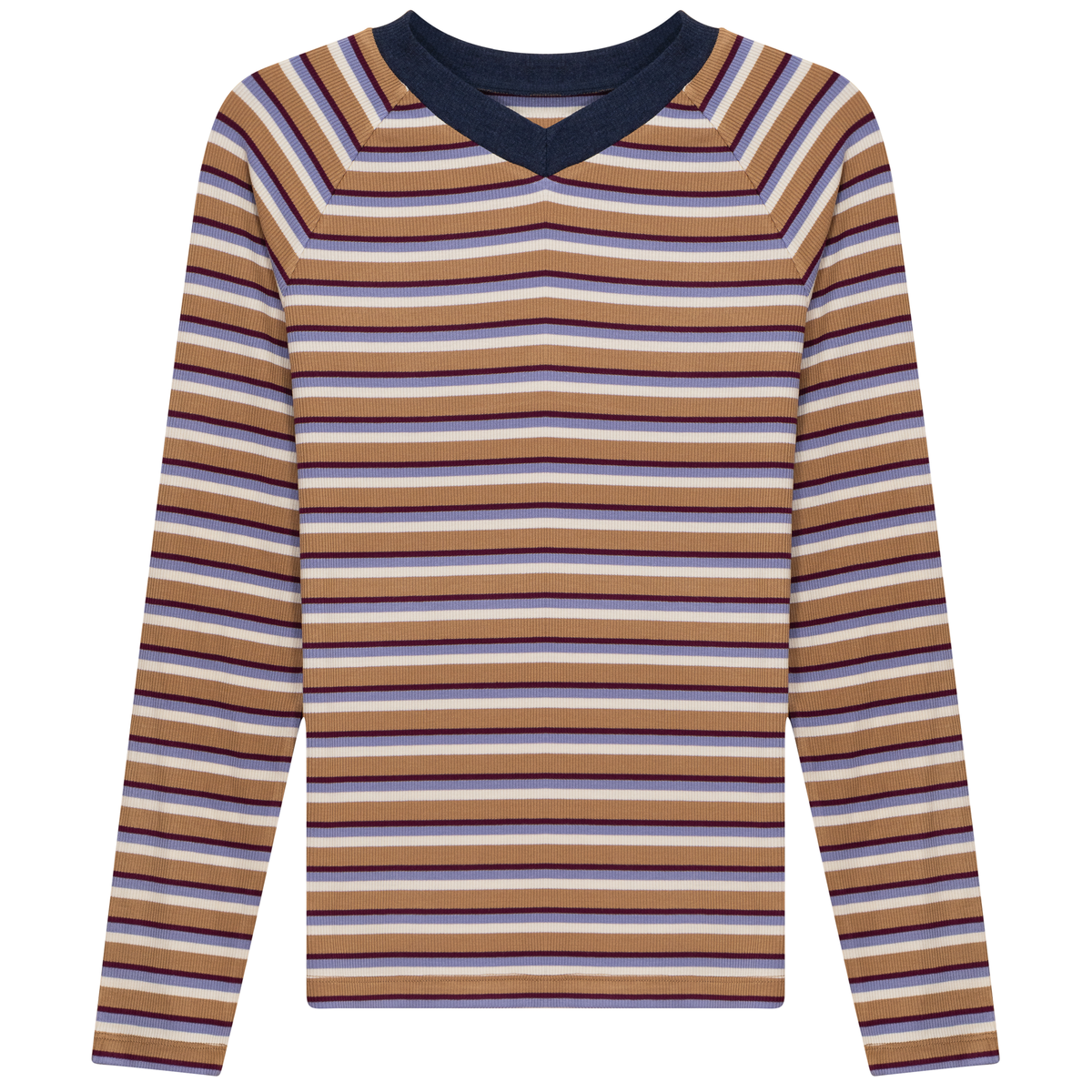 Striped Contrast V Neck Tee in Beige Blue by Riff