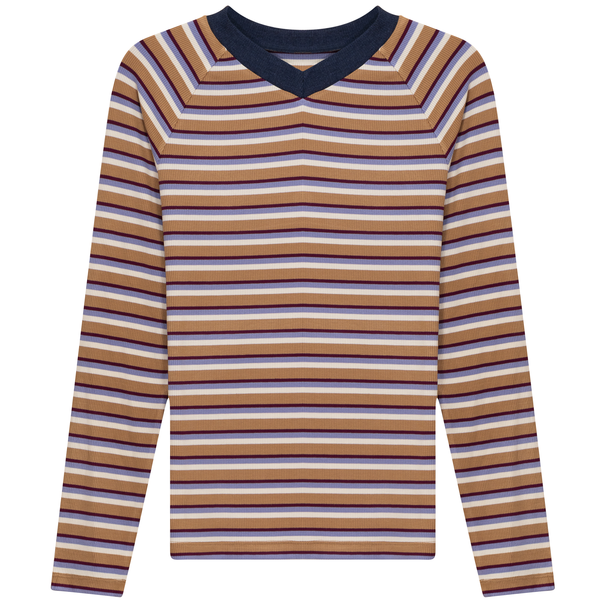Striped Contrast V Neck Tee in Beige Blue by Riff