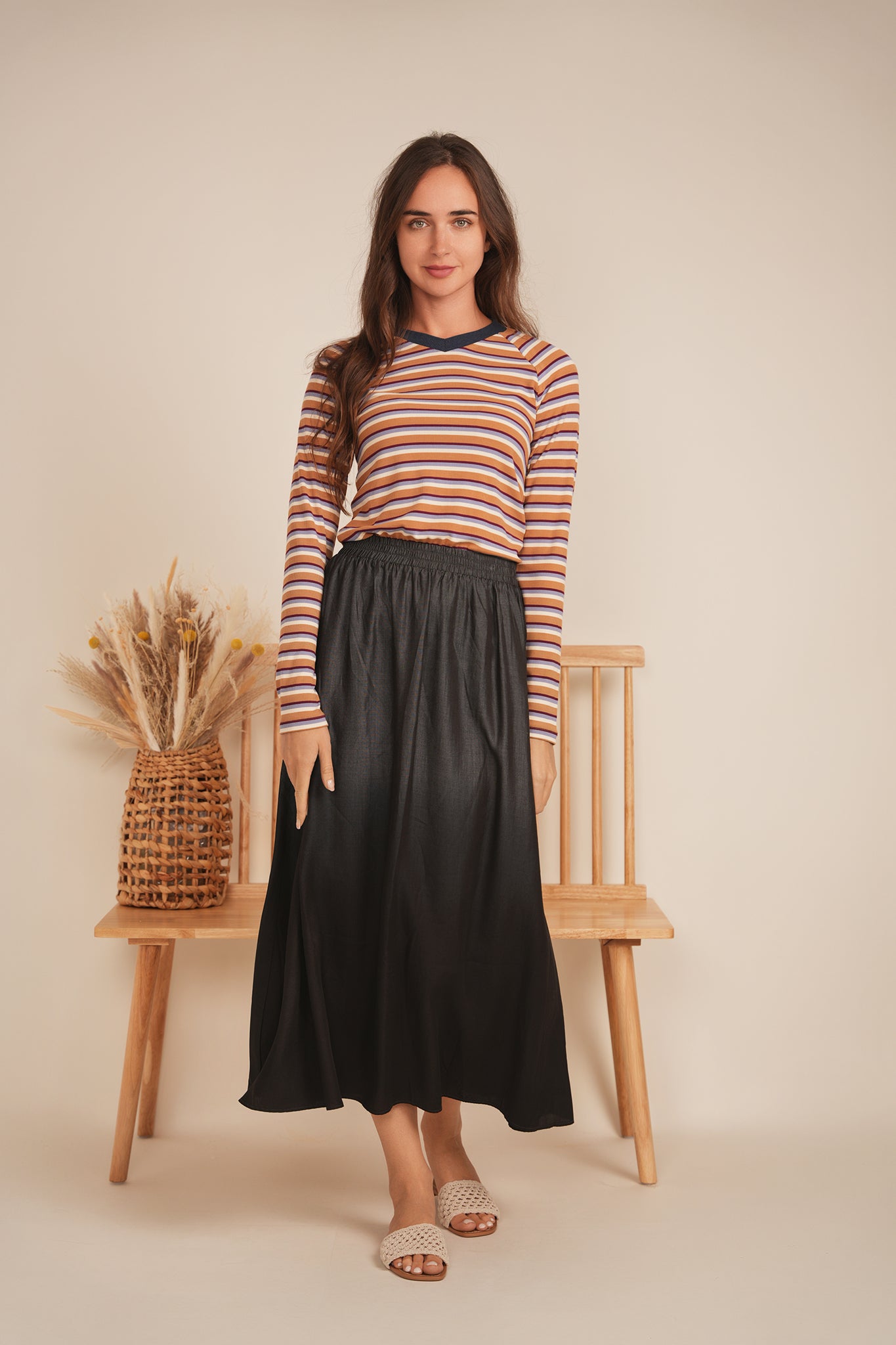 Striped Contrast V Neck Tee in by Riff