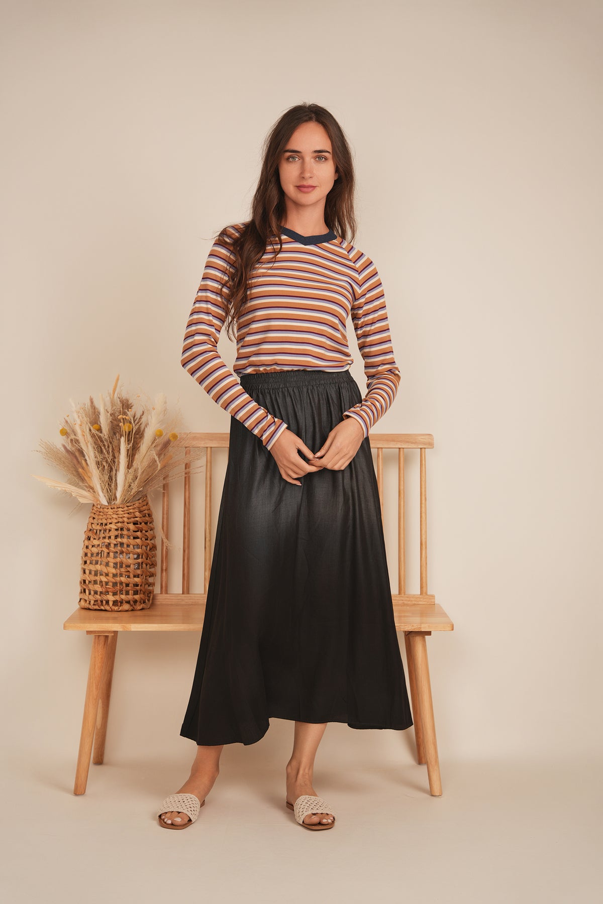 Striped Contrast V Neck Tee in by Riff