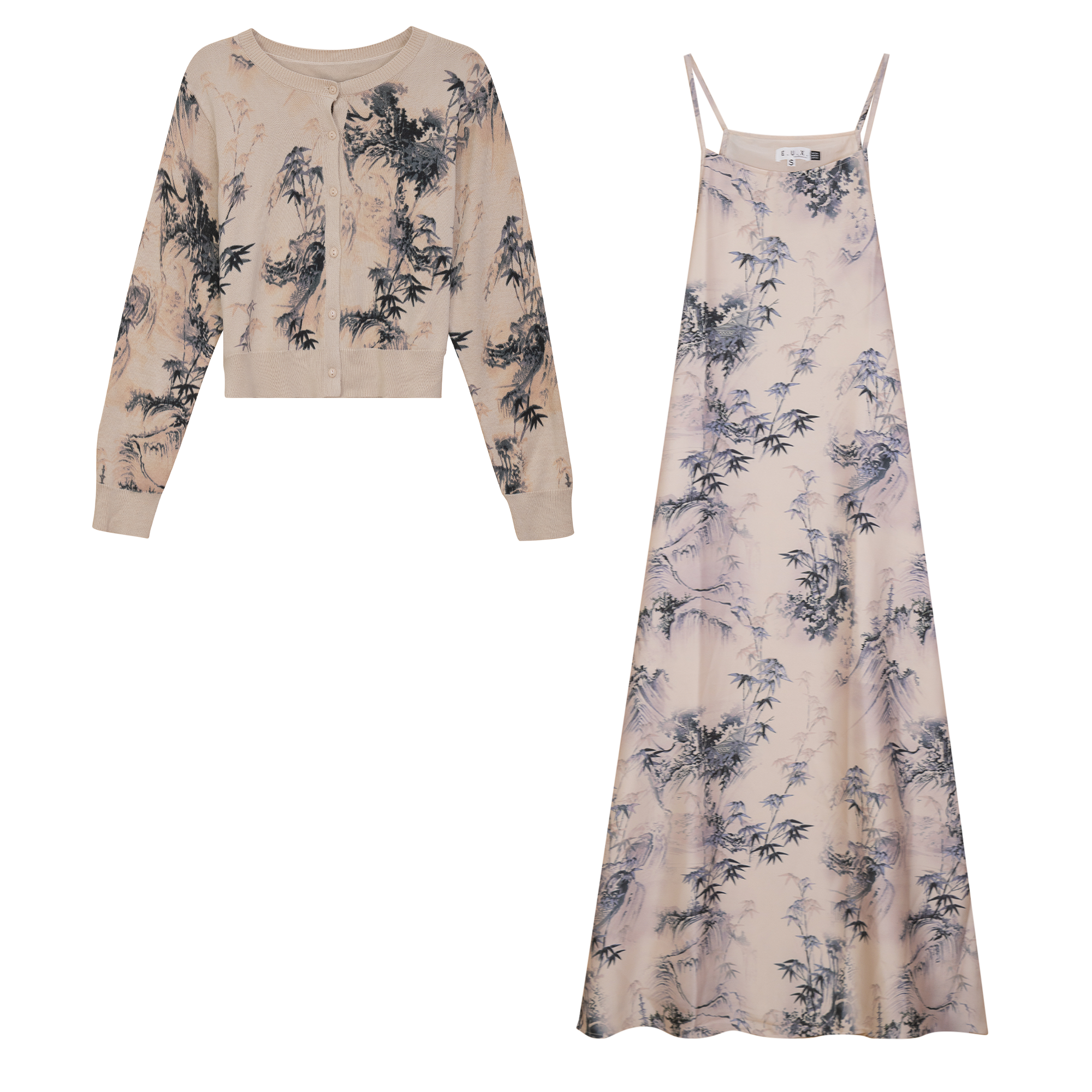 Printed Jumper Knit Cardigan Set in Cream by E.U.X. Exclusive