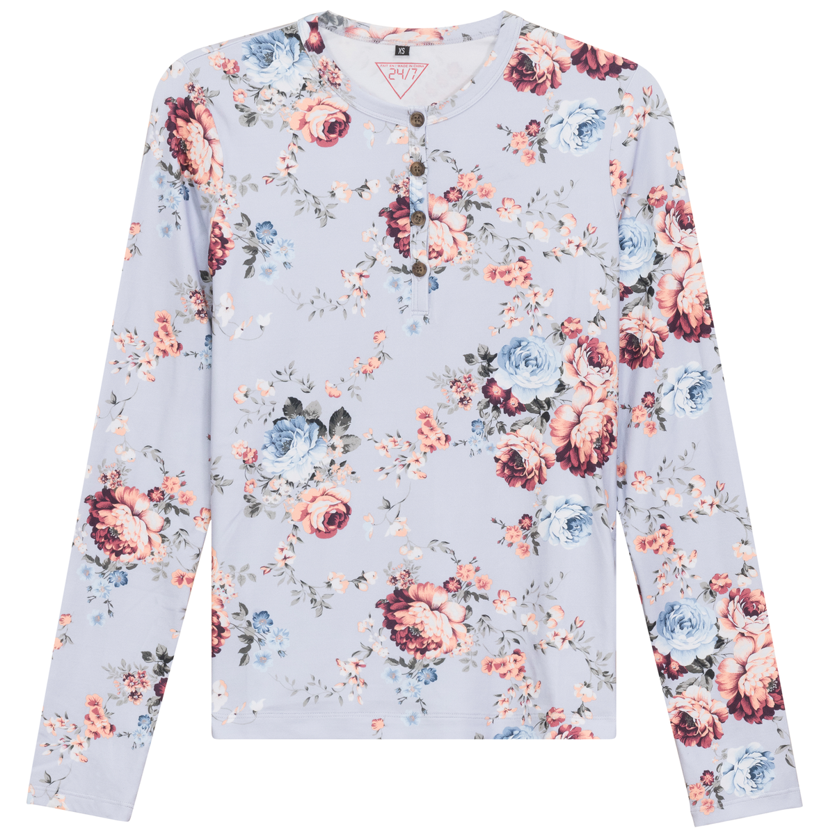 Henley Front Floral Tee in Dusty Blue by 24-Jul