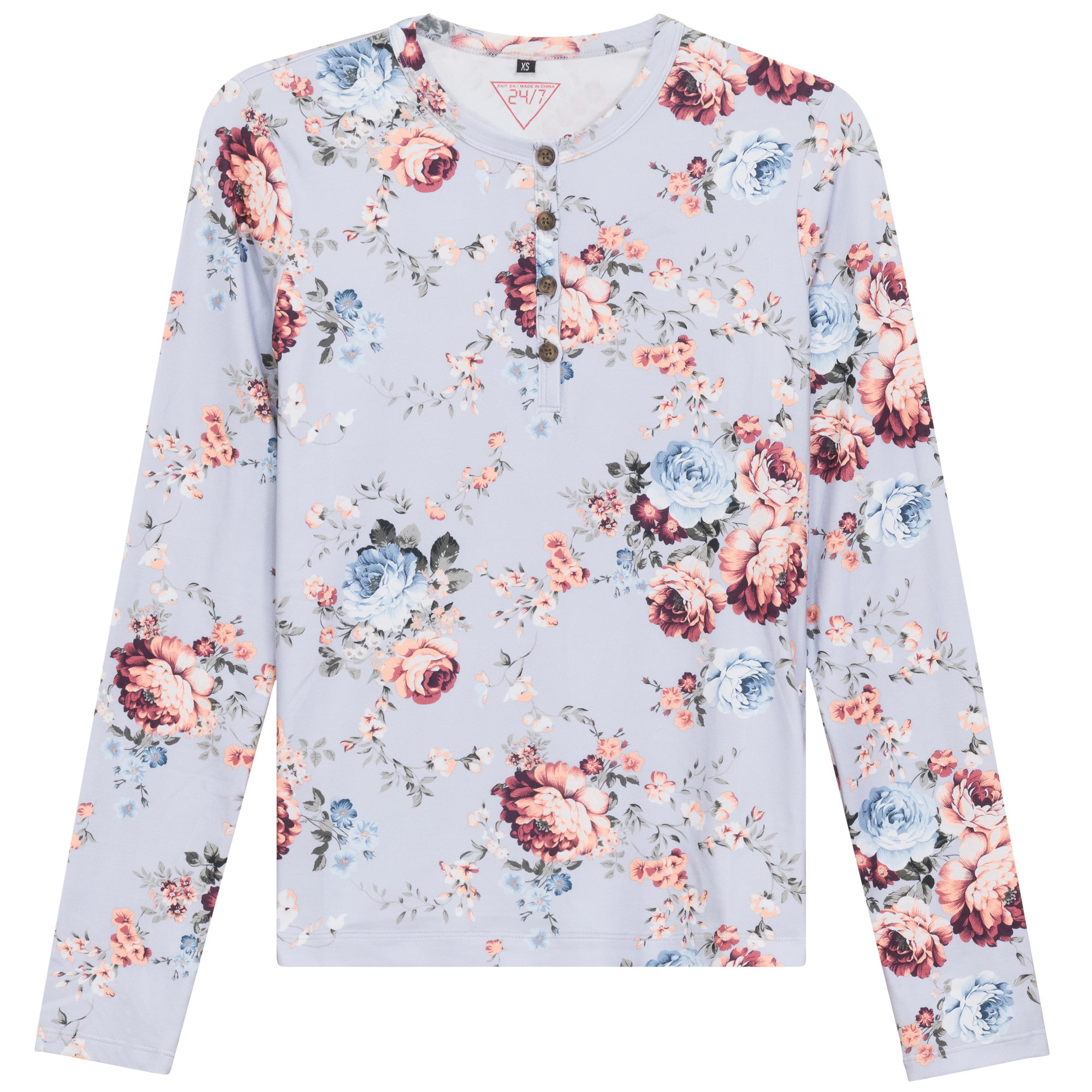 Henley Front Floral Tee in Dusty Blue by 24/7