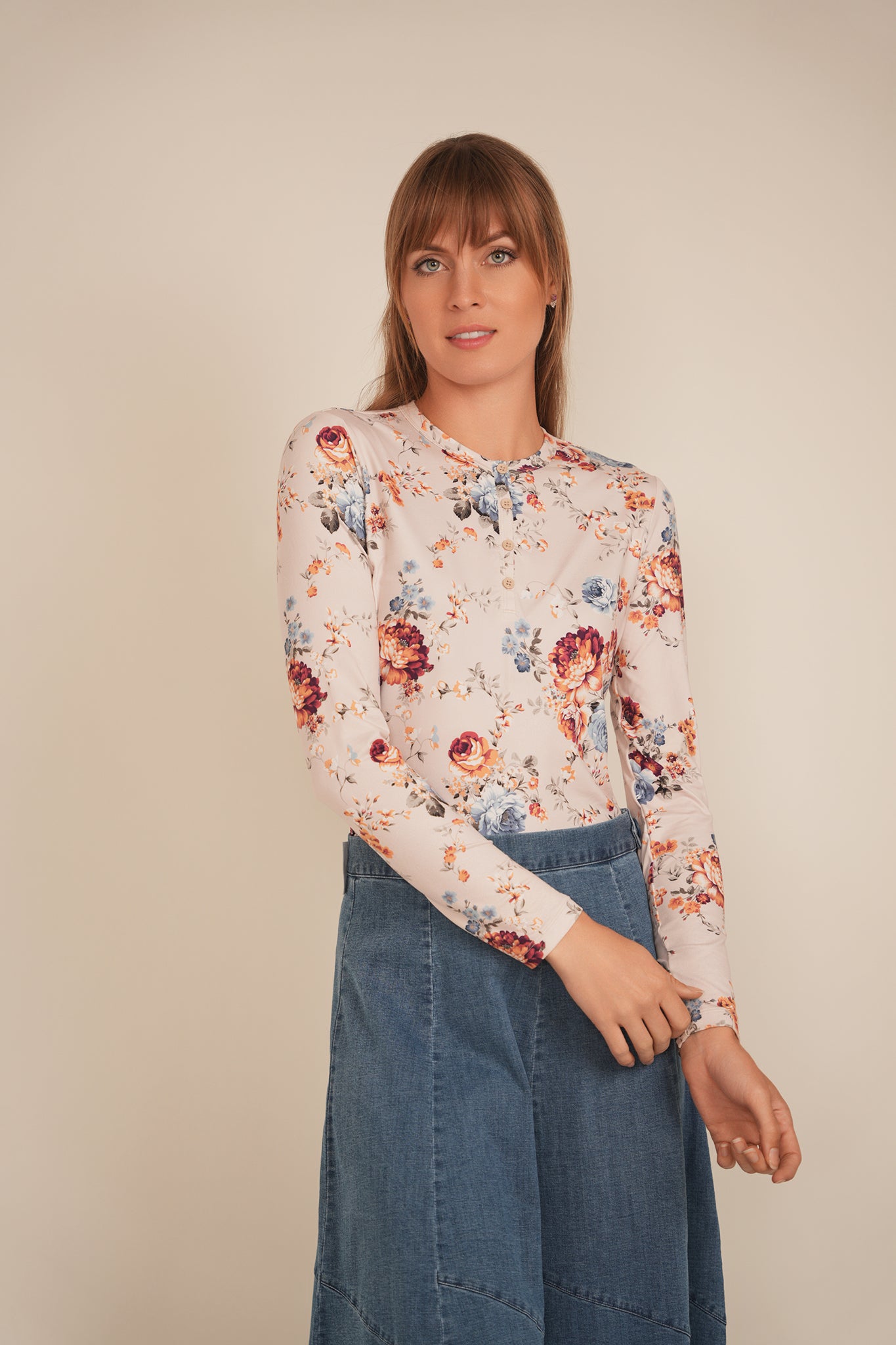 Henley Front Floral Tee in by 24/7