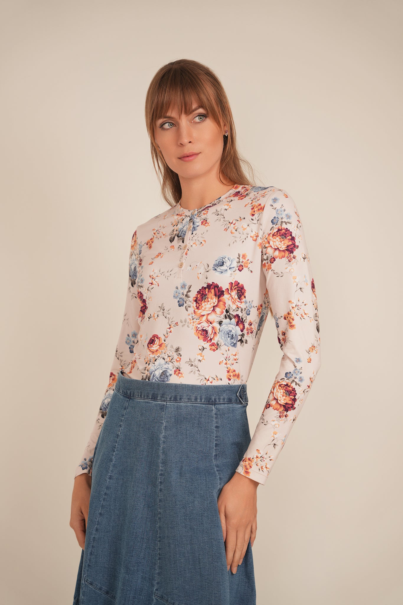 Henley Front Floral Tee in by 24/7