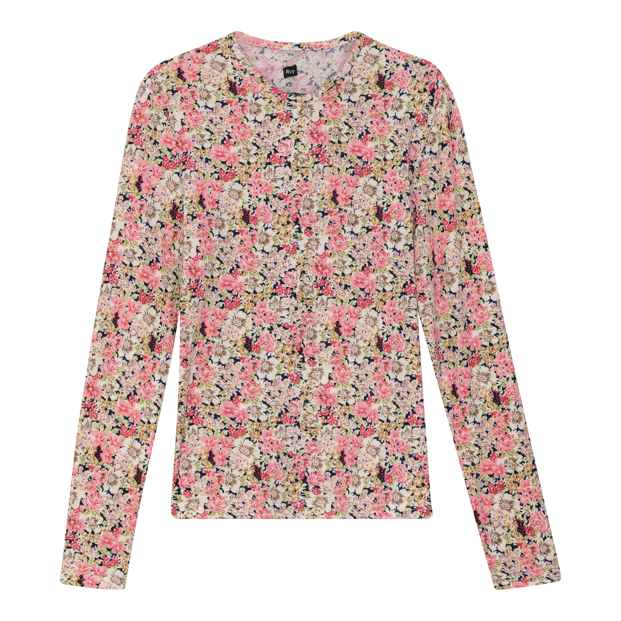 Cotton Floral Long Sleeves V Neck Tee in Pink by Riff