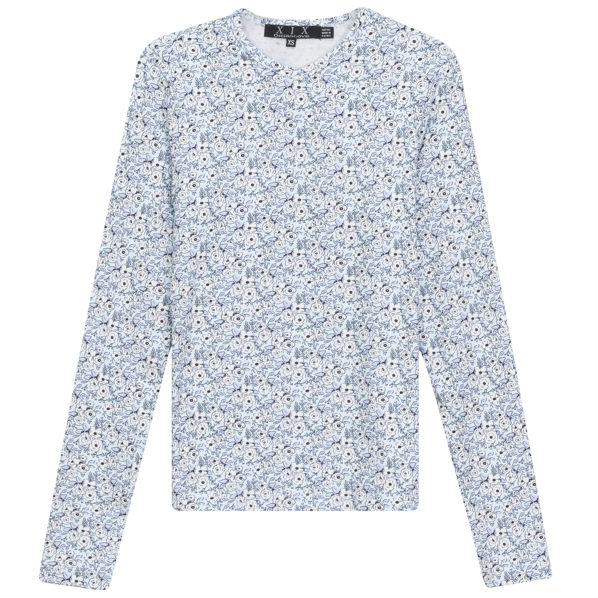 Printed V Neck Long Sleeve Tee in Blue by Diciannove