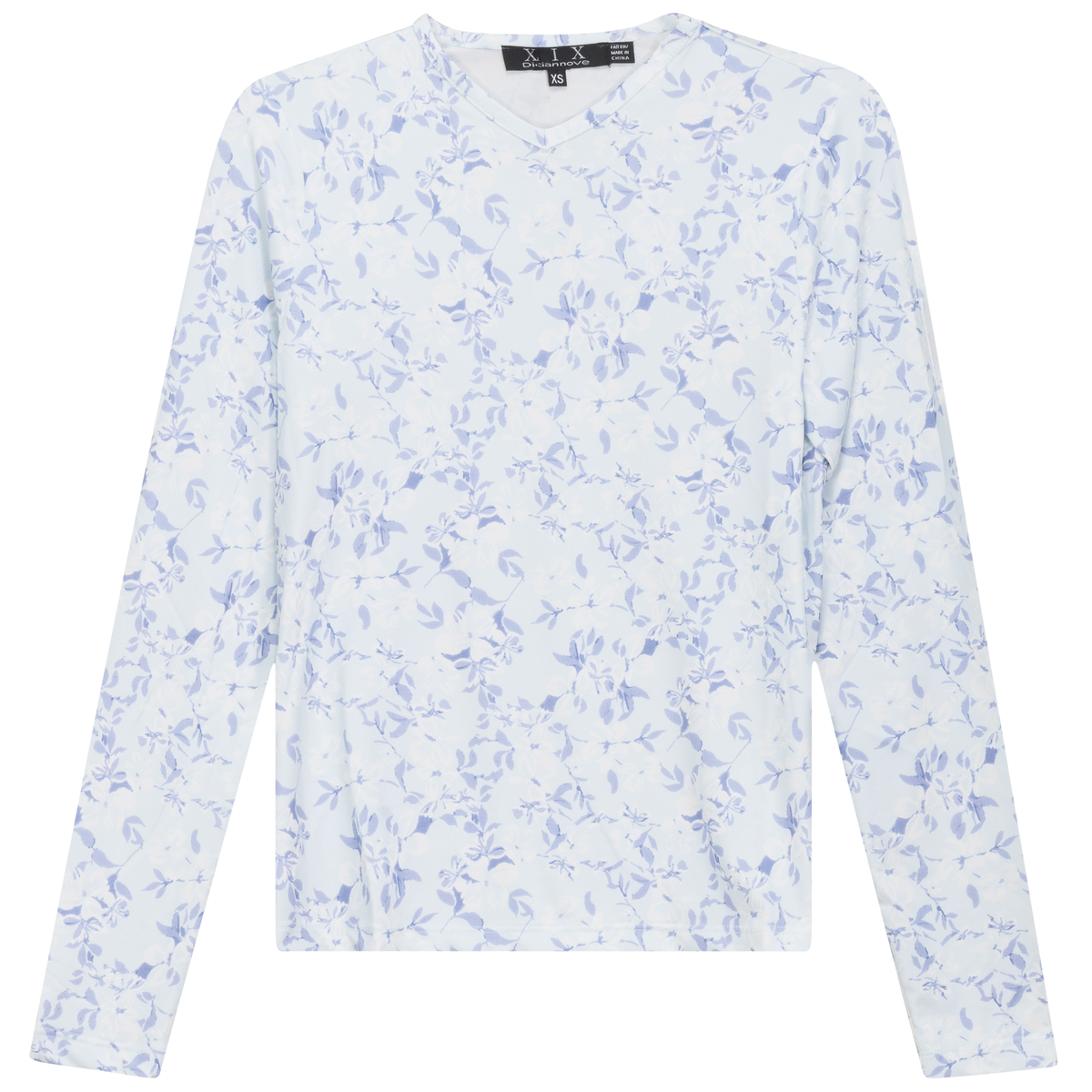 Printed V Neck Long Sleeve Tee in Light Blue by Diciannove