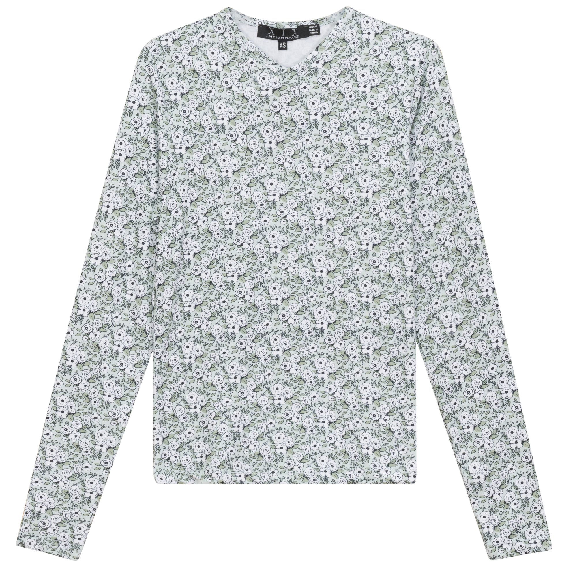 Printed V Neck Long Sleeve Tee in Mint by Diciannove