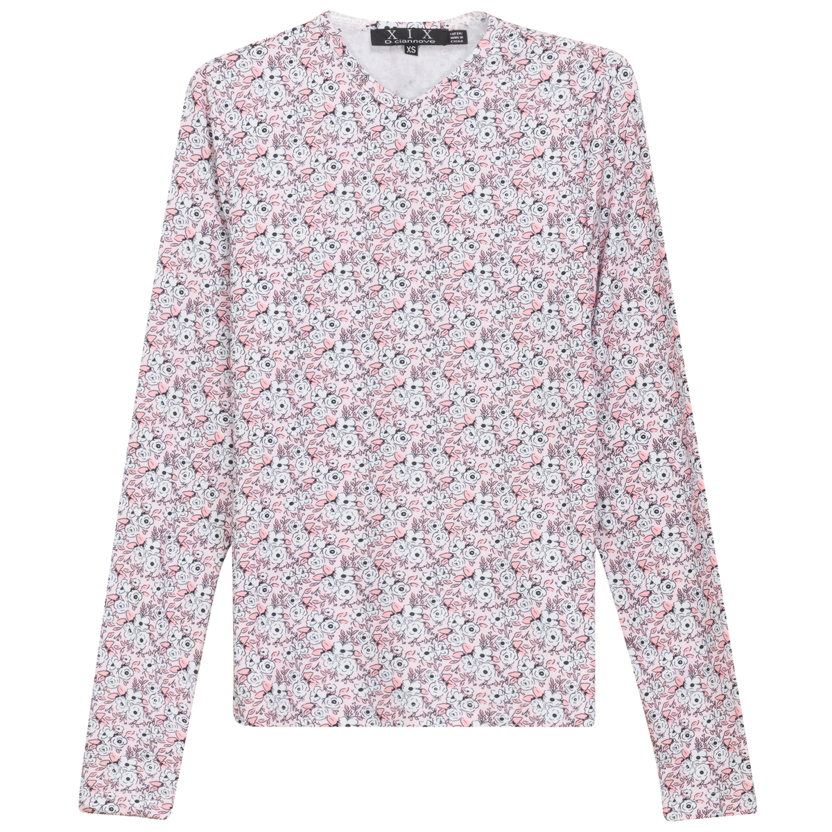 Printed V Neck Long Sleeve Tee in Pink by Diciannove