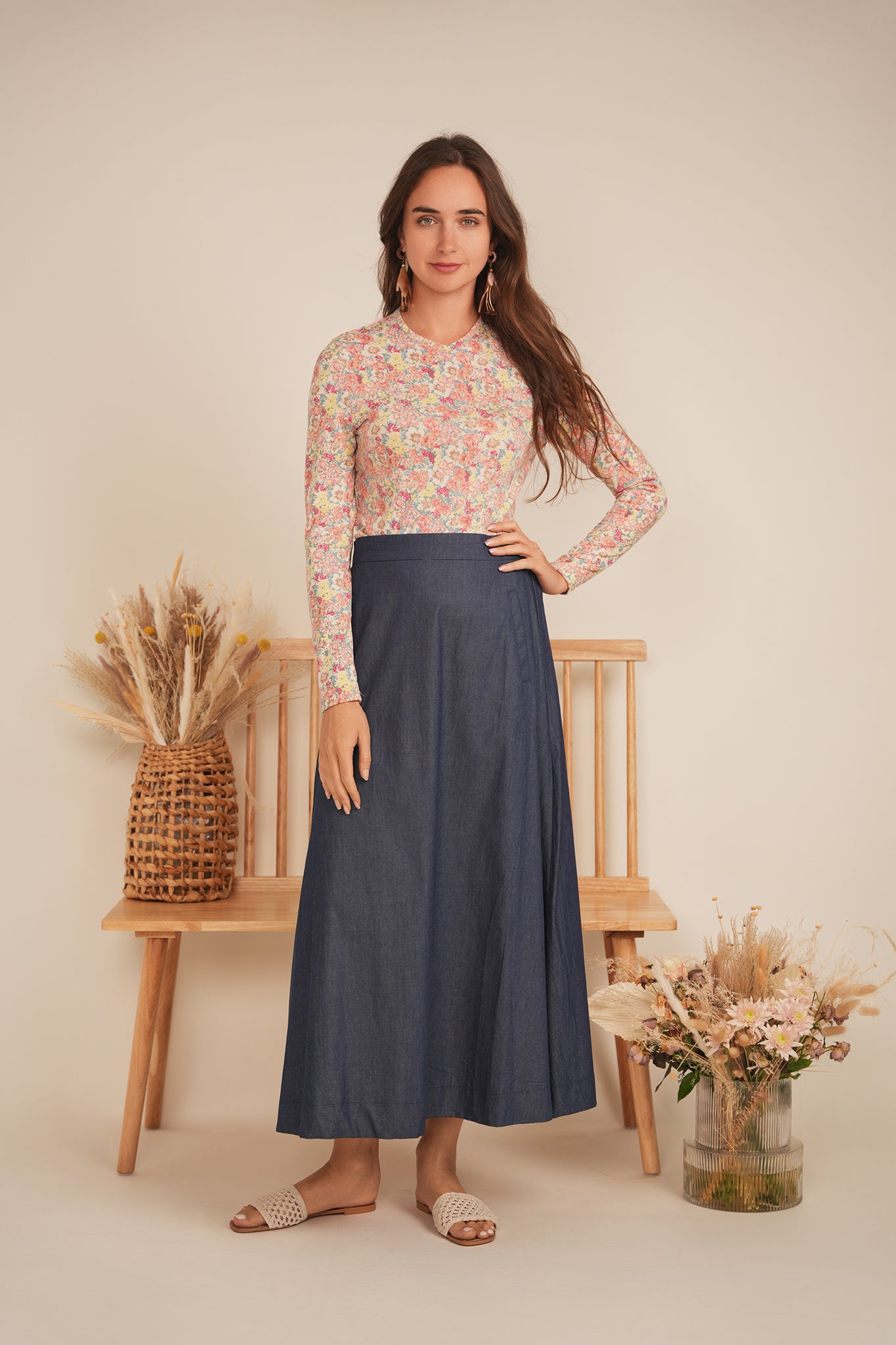 Printed V Neck Long Sleeve Tee in by Diciannove