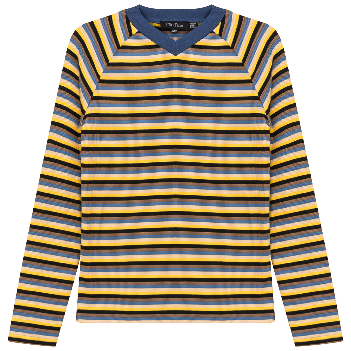 Stripped V Neck Raglan Tee in Denim by MiuMax