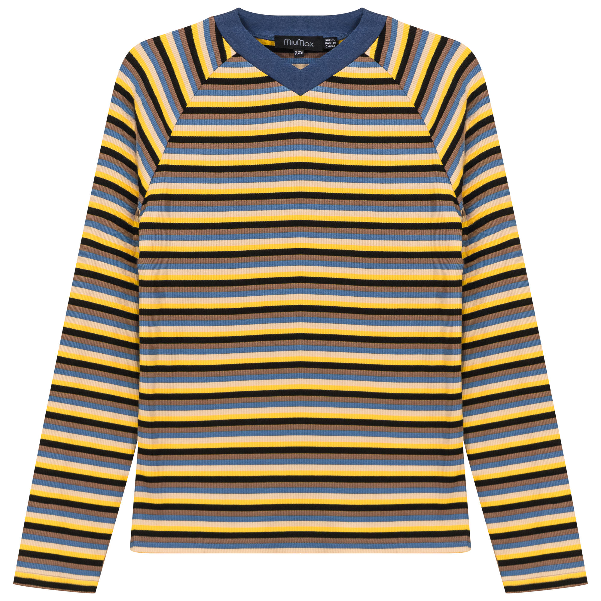 Stripped V Neck Raglan Tee in Denim by MiuMax