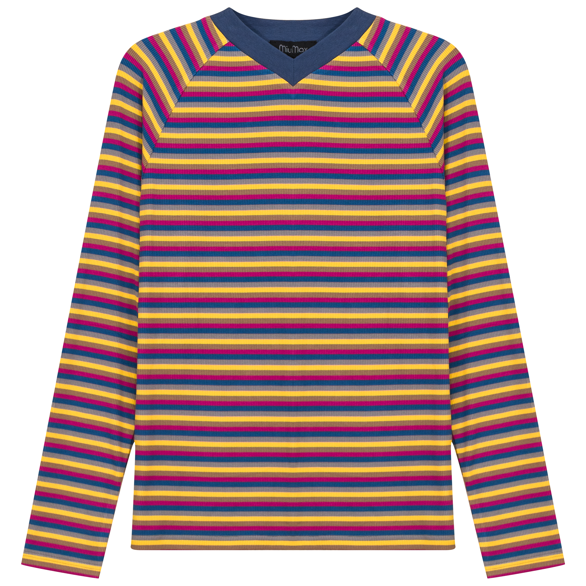 Stripped V Neck Raglan Tee in Pink by MiuMax