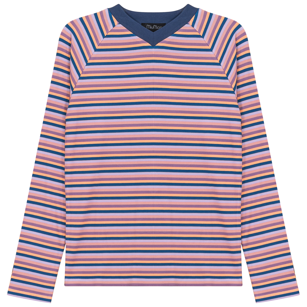 Stripped V Neck Raglan Tee in Sapphire by MiuMax