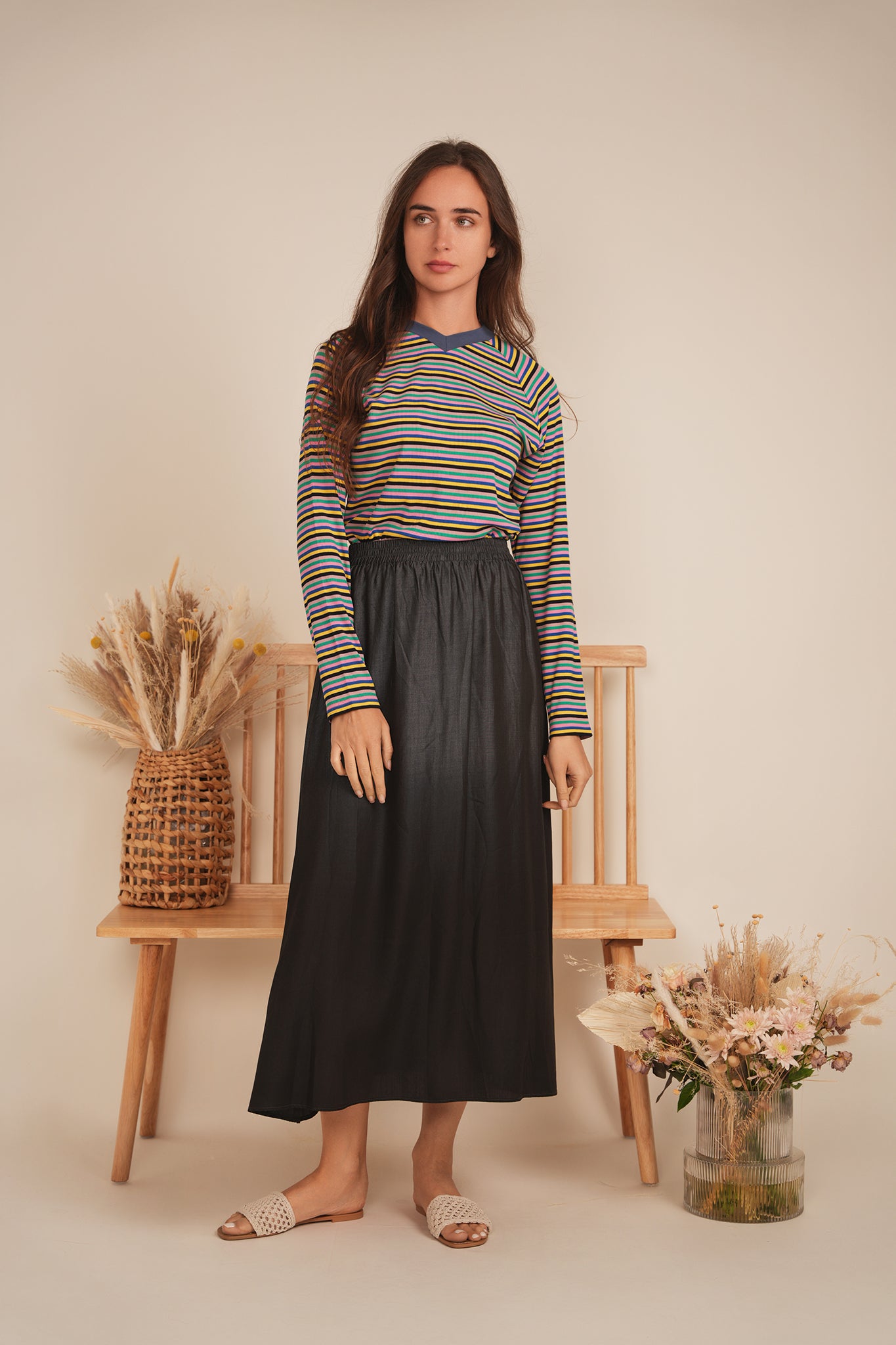 Stripped V Neck Raglan Tee in by MiuMax