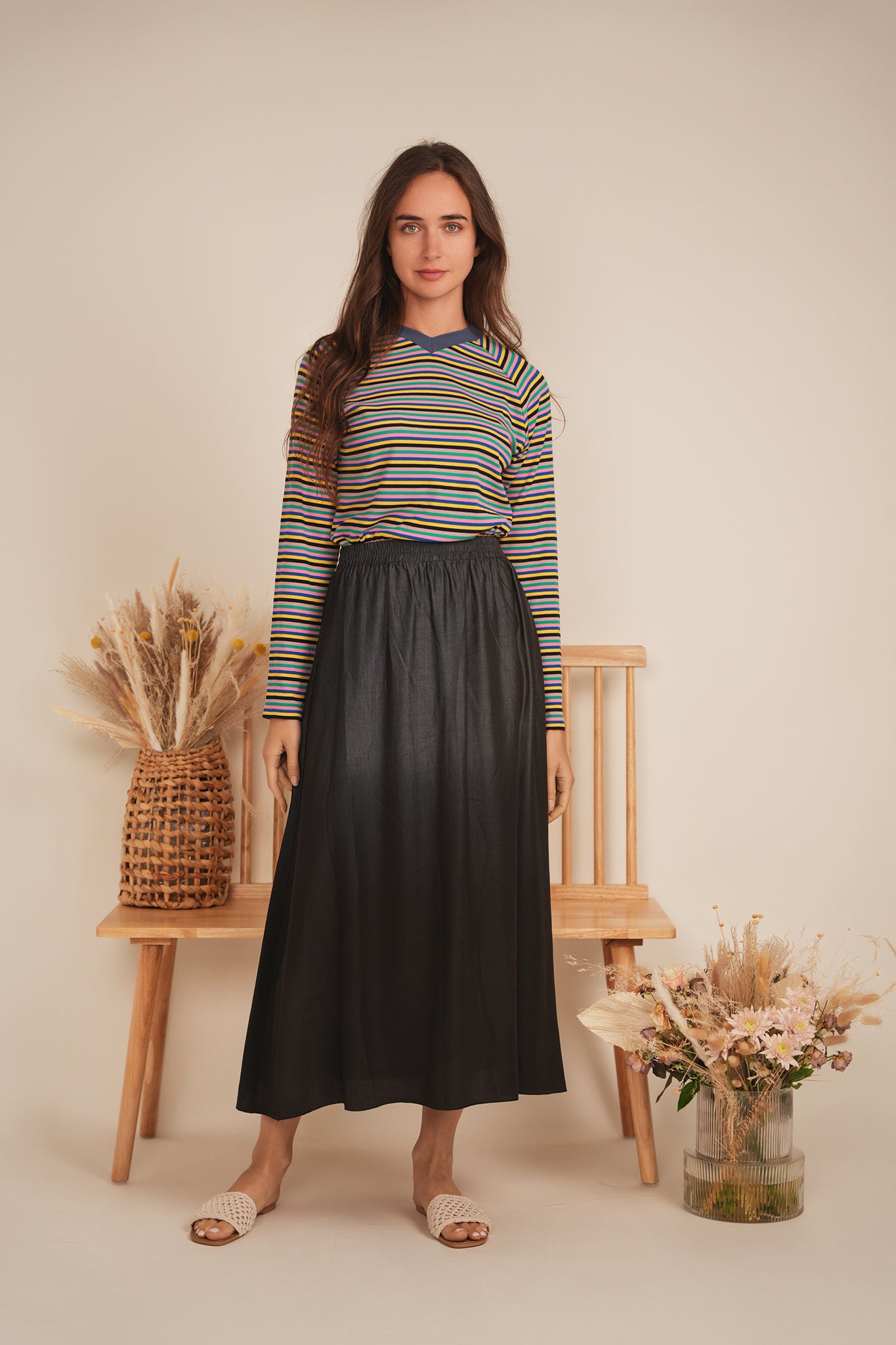 Stripped V Neck Raglan Tee in by MiuMax