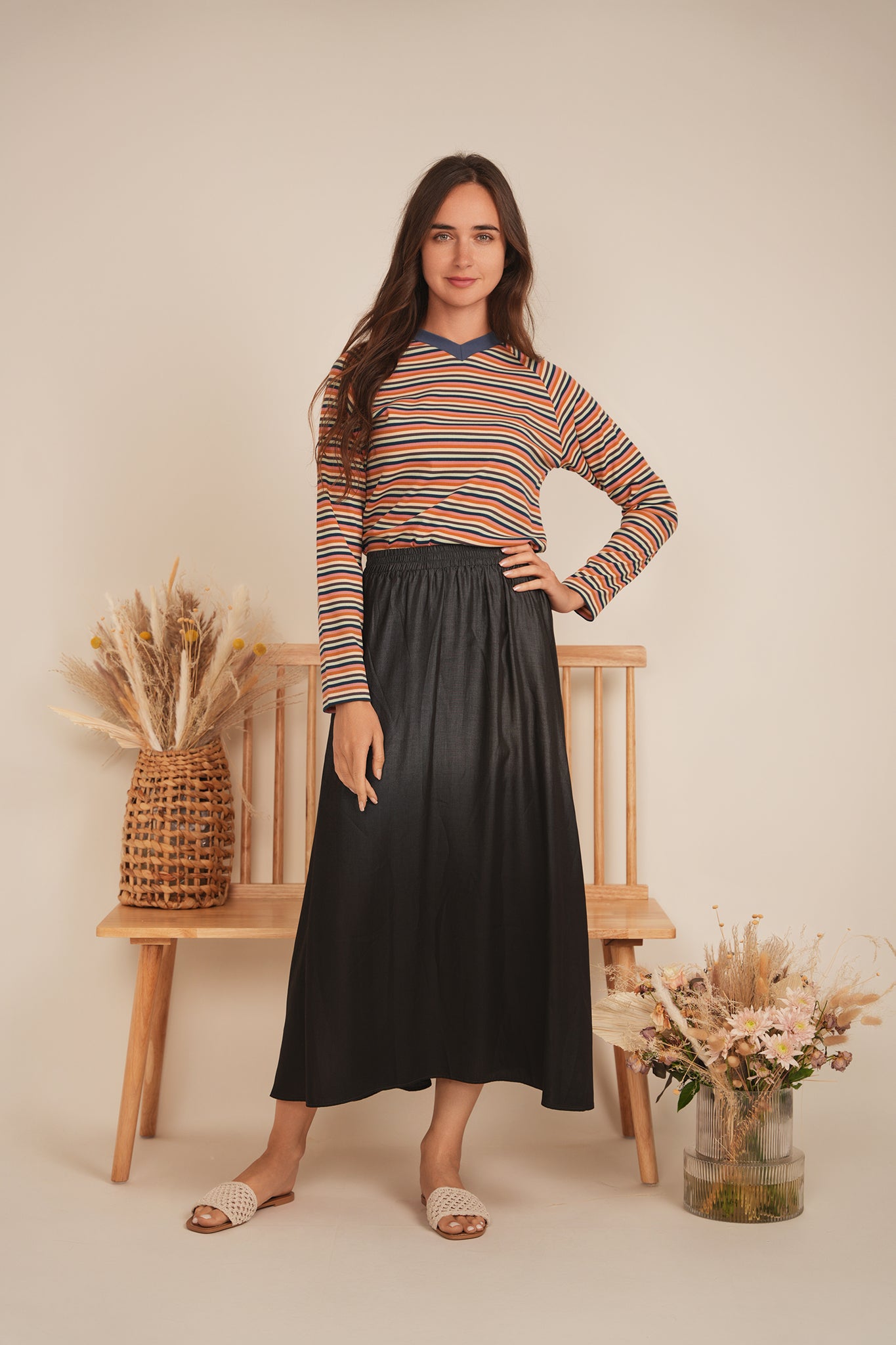 Stripped V Neck Raglan Tee in by MiuMax