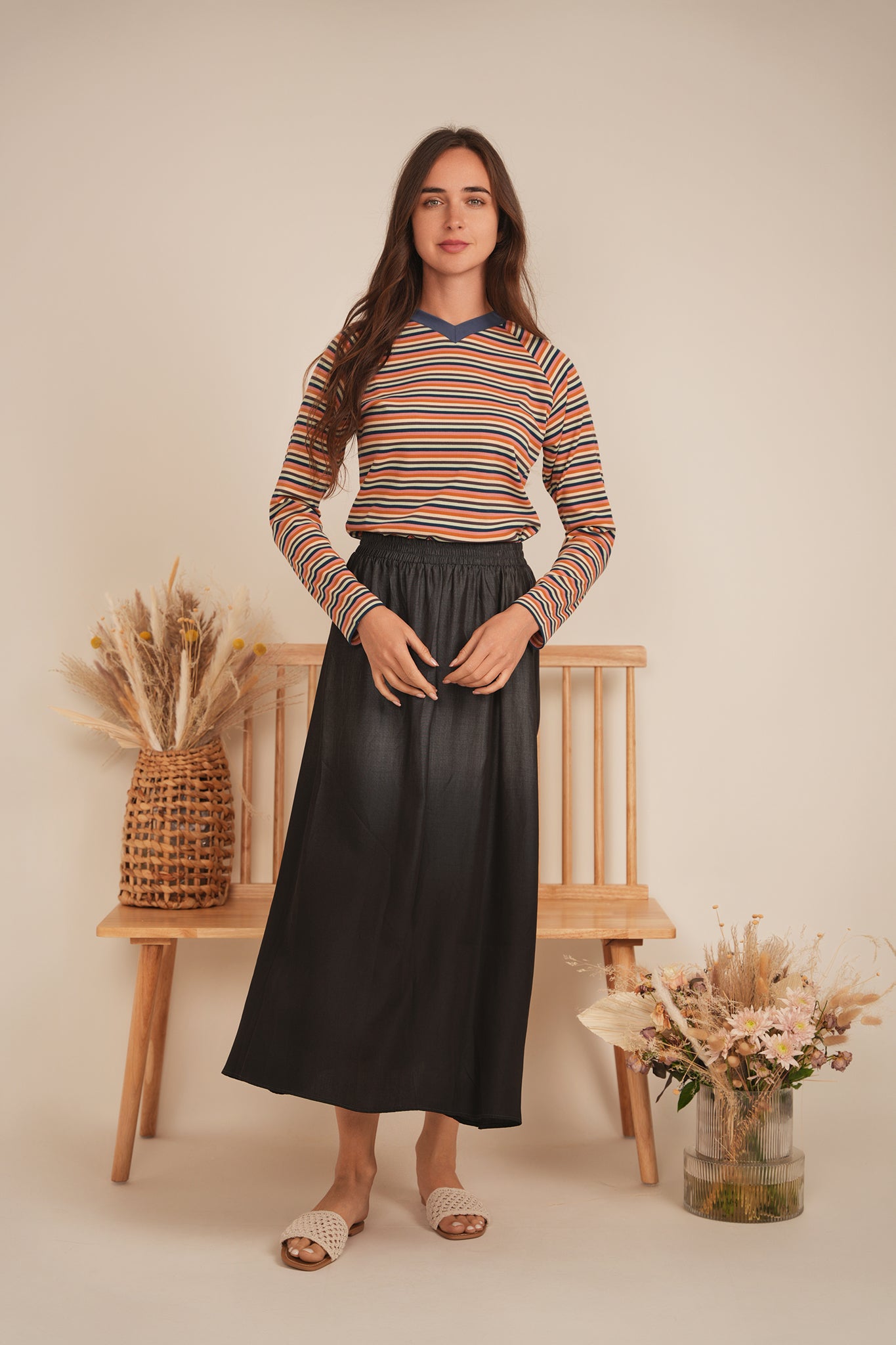 Stripped V Neck Raglan Tee in by MiuMax