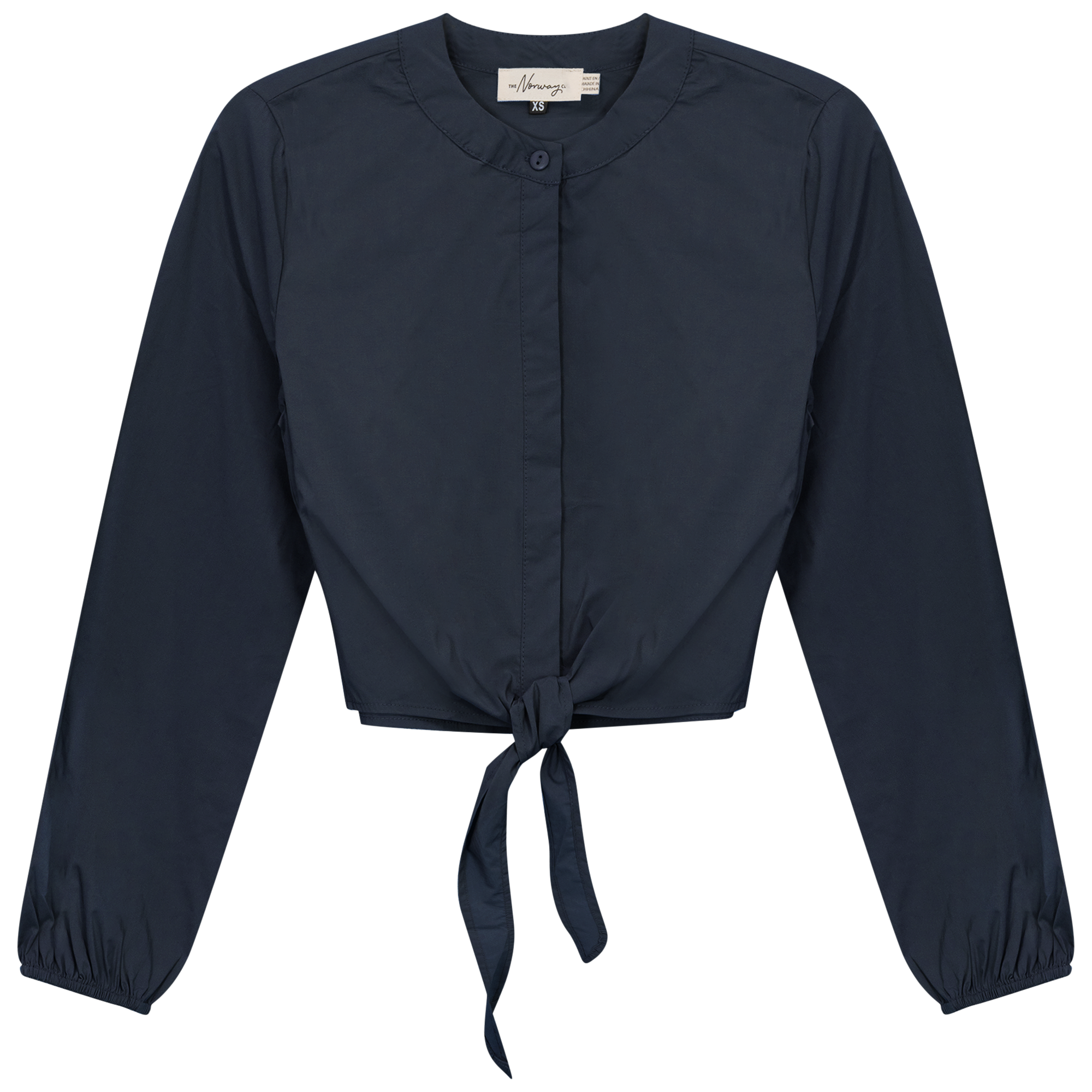 Cropped Cotton Tie Blouse in Dark Navy by The Norway Club