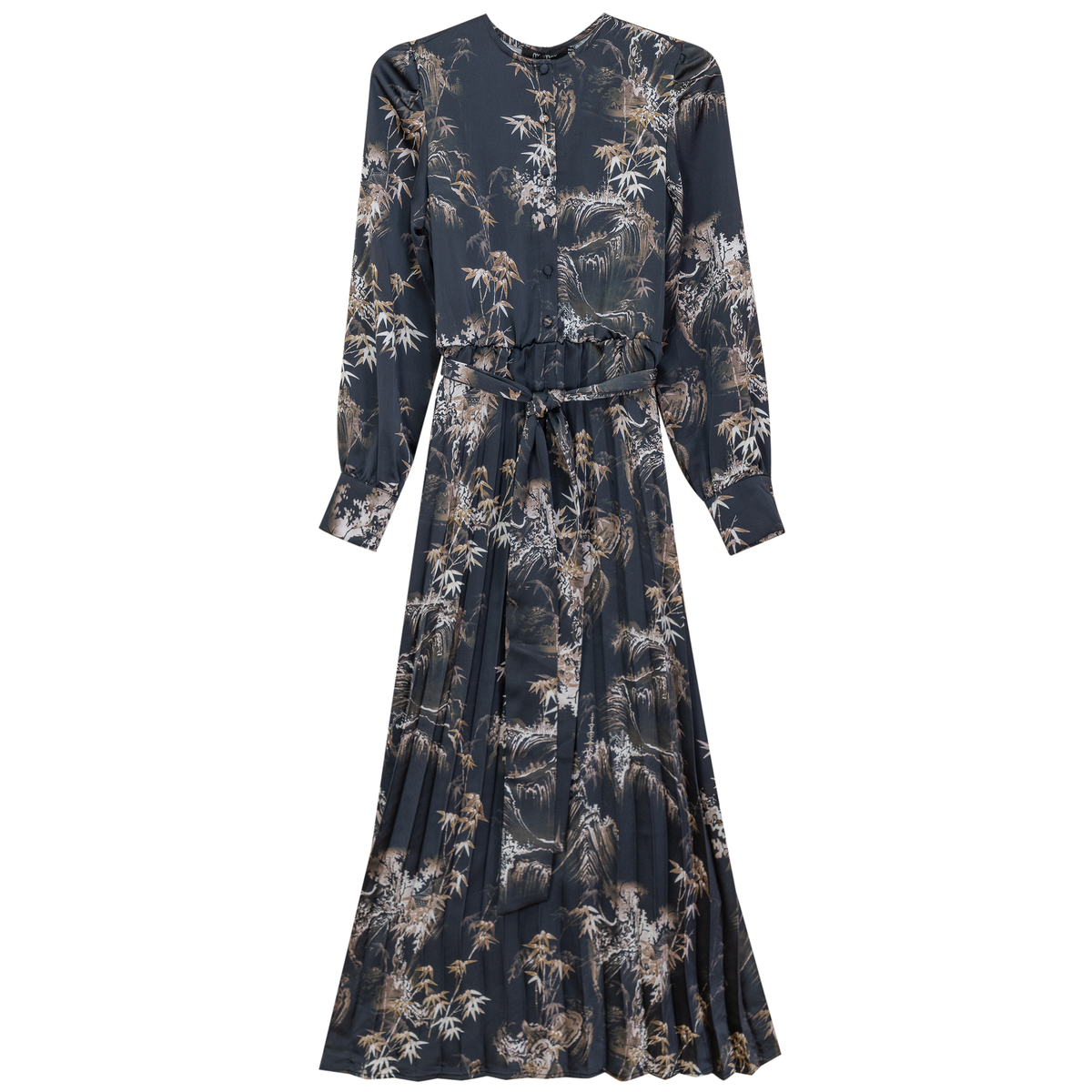 Printed Satin Accordian Pleated Dress in Black by MiuMax